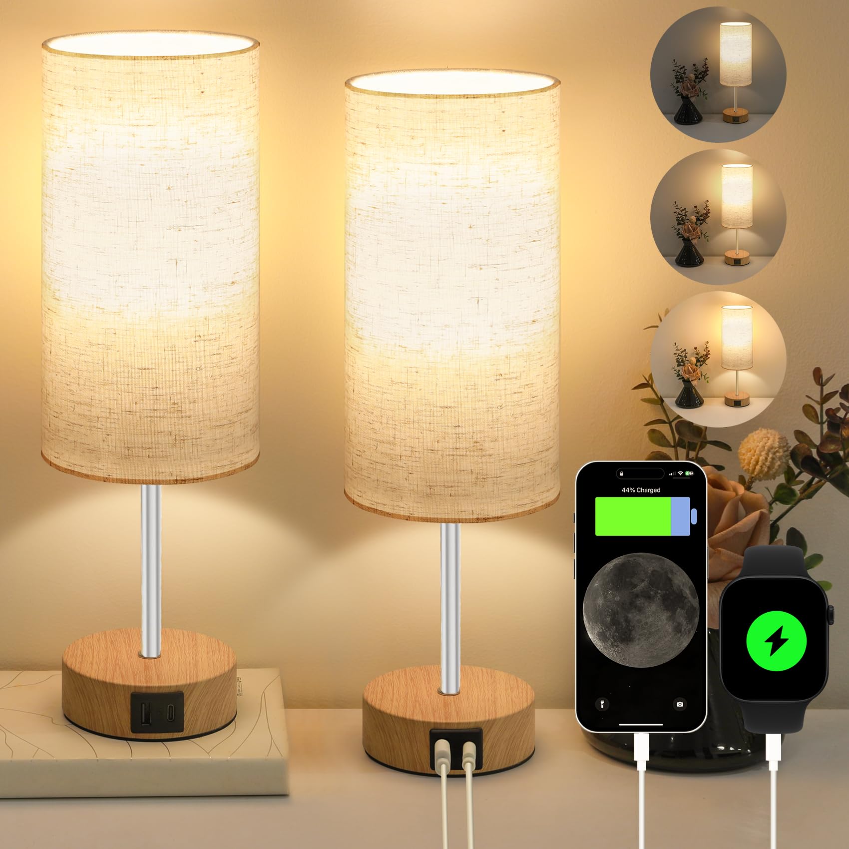 Nachttischlampe Touch Dimmbar 2er Set, Tischlampe mit USB A+C Ladefunktion | Leinen-Lampenschirm, Holzsockel, Kleine Lampe für Nachttisch Schlafzimmer Wohnzimmer Kinderzimmer (LED-Birne Inklusive)