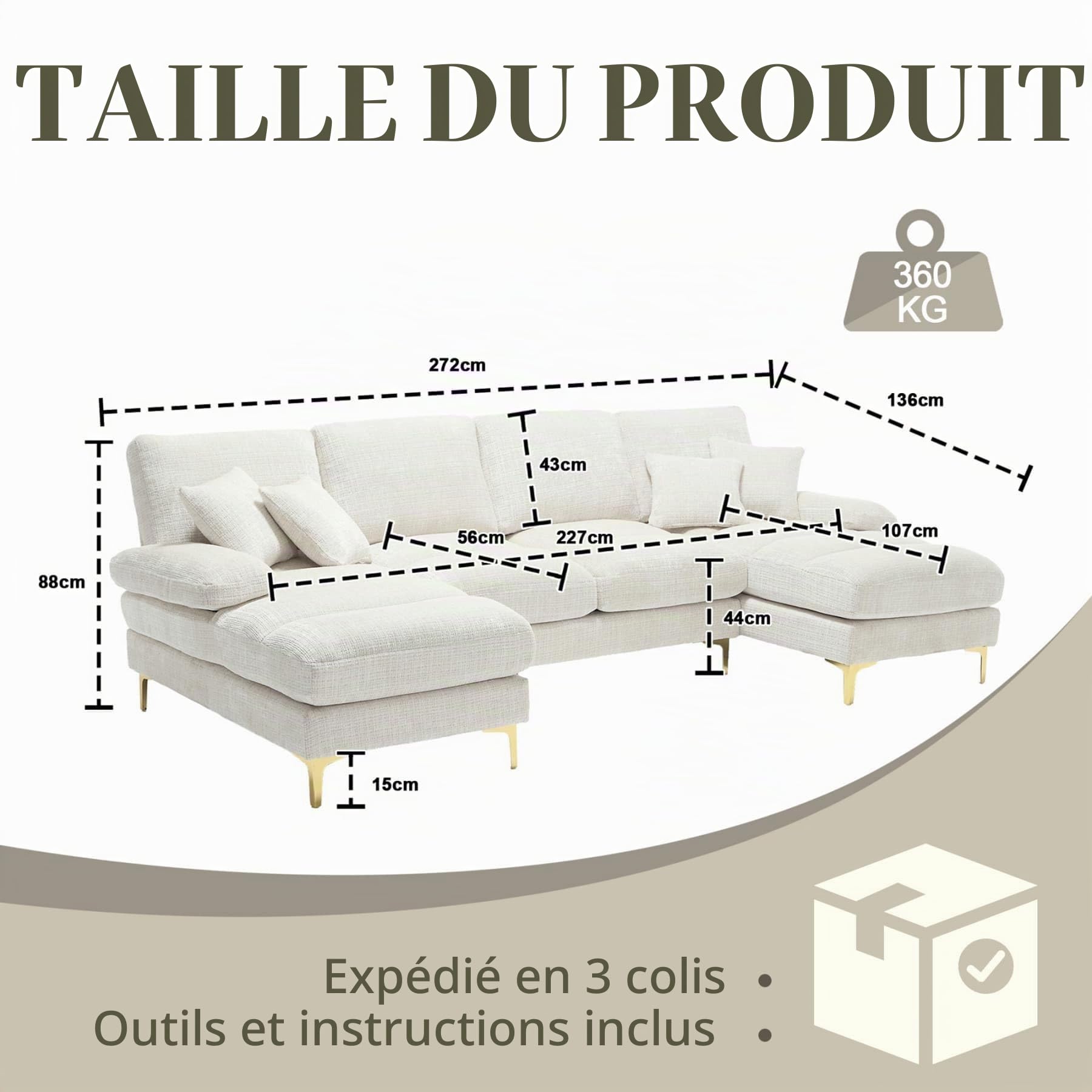 YEHTOKHOME Canapé modulable Moderne avec Fauteuil,canapé en U avec Pieds métalliques et Coussins,canapé 4 Places pour Salon,Chambre à Coucher et Bureau,Chenille (Beige)