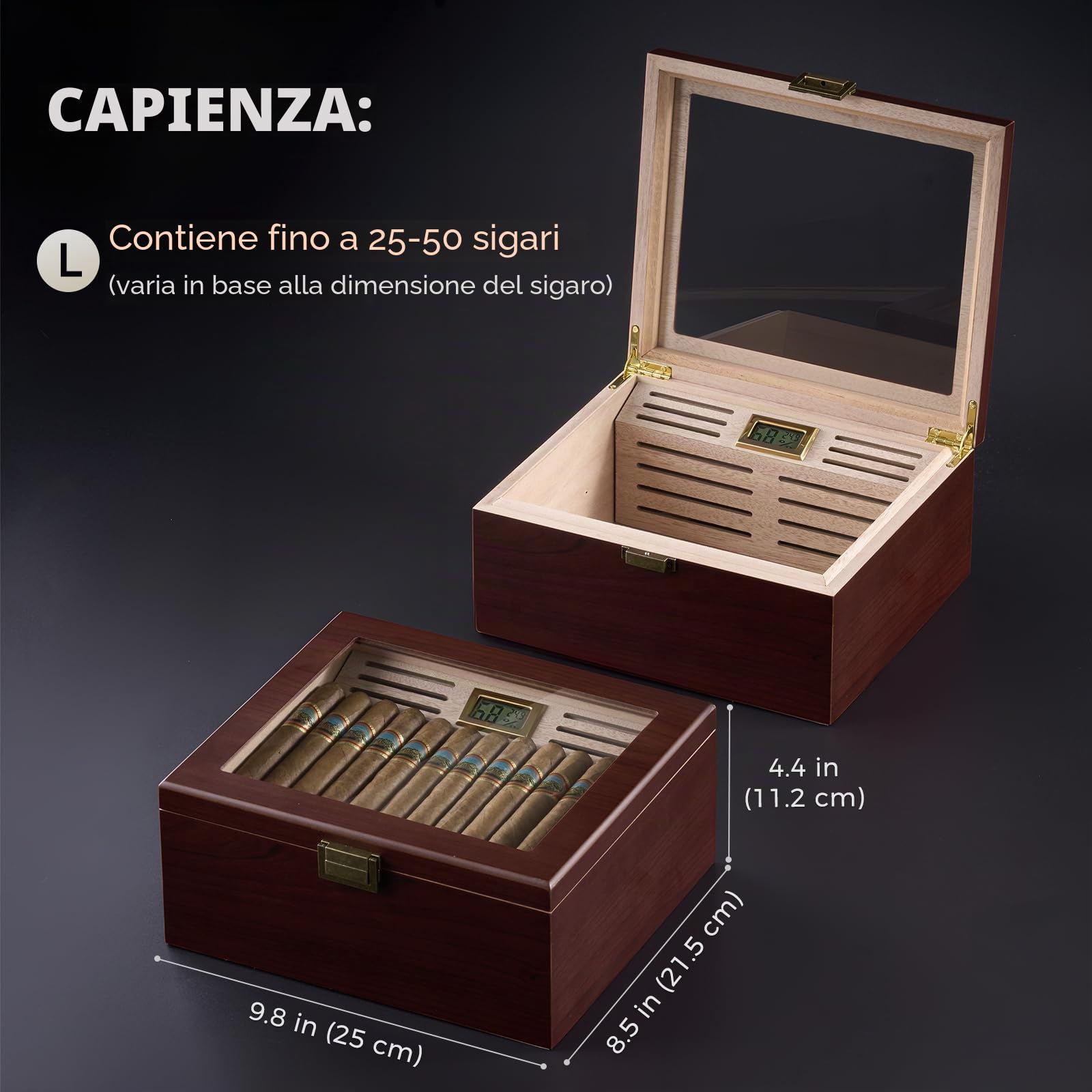ProCase Humidor per Sigari con Igrometro Digitale e Umidificatore, Cofanetto con Interno in Legno di Cedro per 20-50 Sigari, Regalo per Uomo, Amante di Sigari Cubani -Large