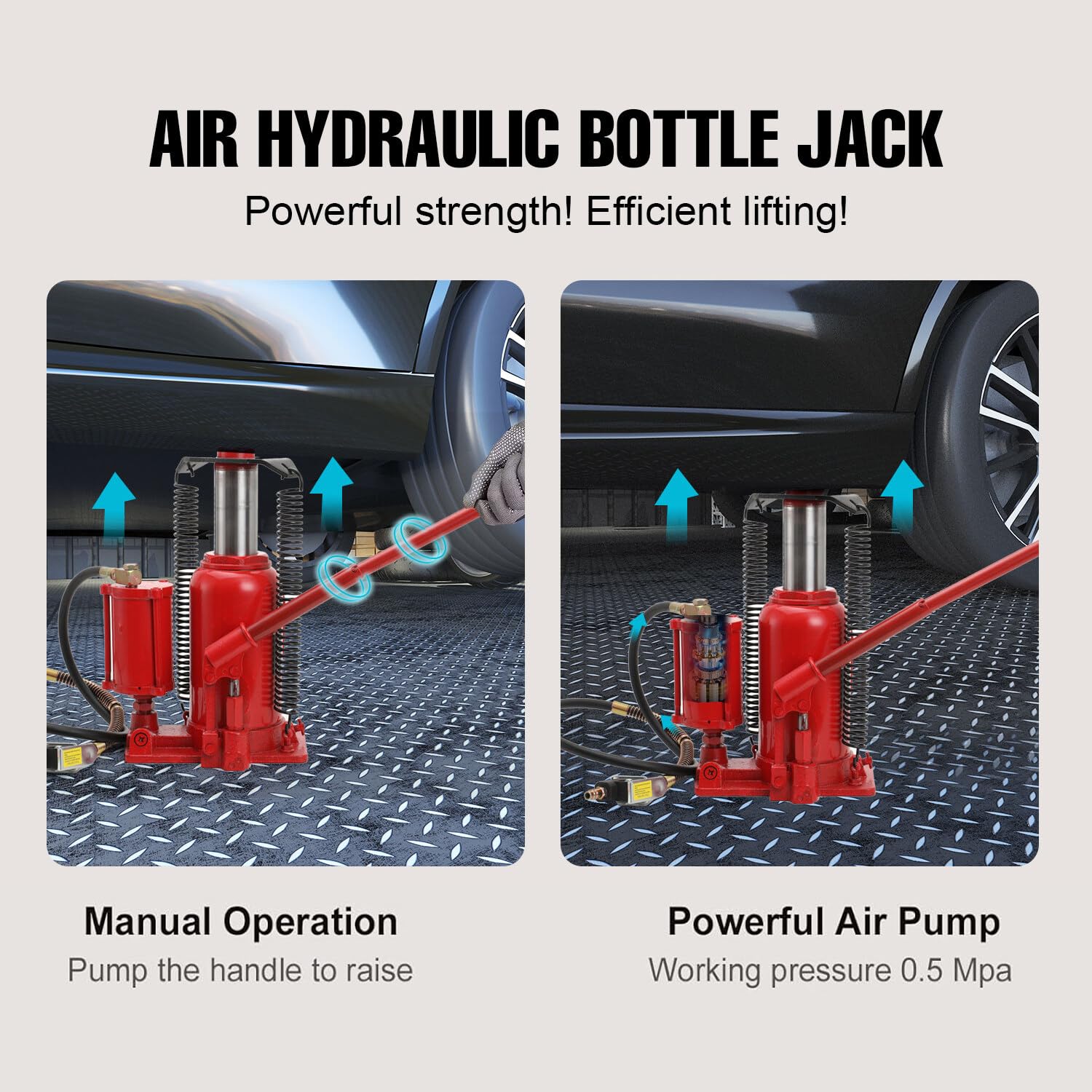 Cric Idraulico a Bottiglia 20 T, Cric Idraulico ad Aria Compressa Martinetto Sollevatore Uso Pneumatico e Manuale, Altezza di Sollevamento 260 – 510 mm, Idraulico Air Jack