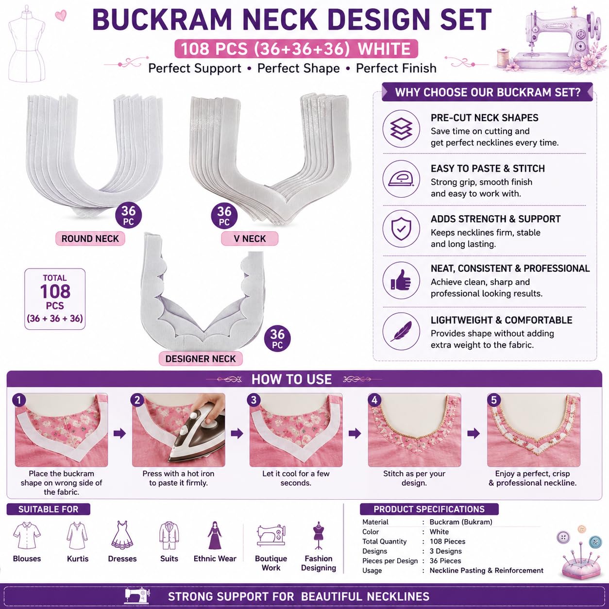Buckram Neck Design Set - 108 Pcs for Sewing & Tailoring -2