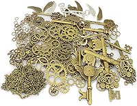 LolliBeads® 230 Gram Antiqued Bronze/Silver Metal Skeleton Keys and Wings, Bronze Steampunk Watch Gear Cog Wheel, Chains, Clasps and Jump Rings DIY Kits (300 Pcs)