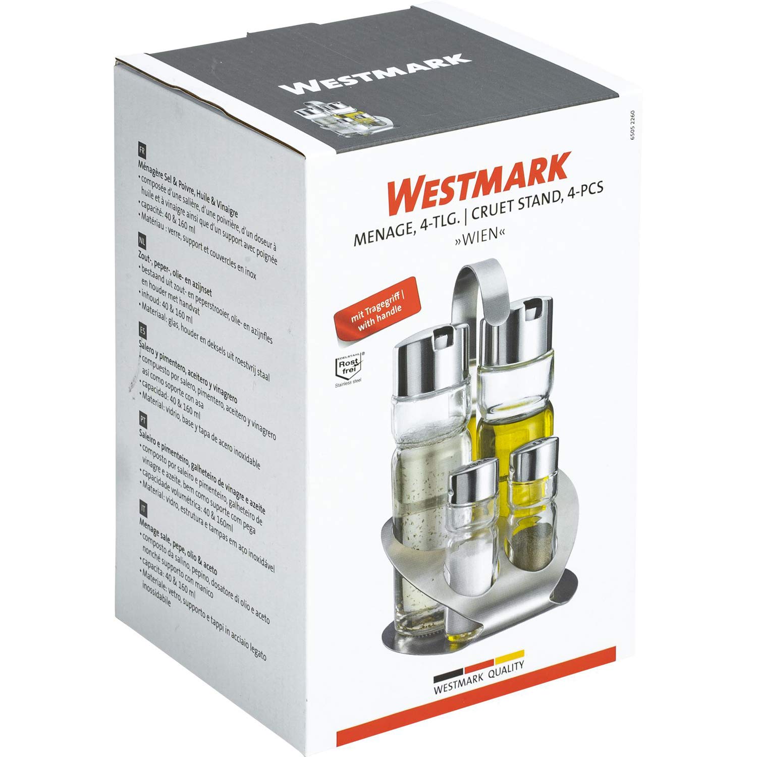 Westmark Ampolliera per sale, pepe, olio e aceto, 5 pezzi, Capacità: 2x 40 ml/2x 160 ml, Acciaio inox/Vetro, Wien, Argento/Trasparente, 65052260