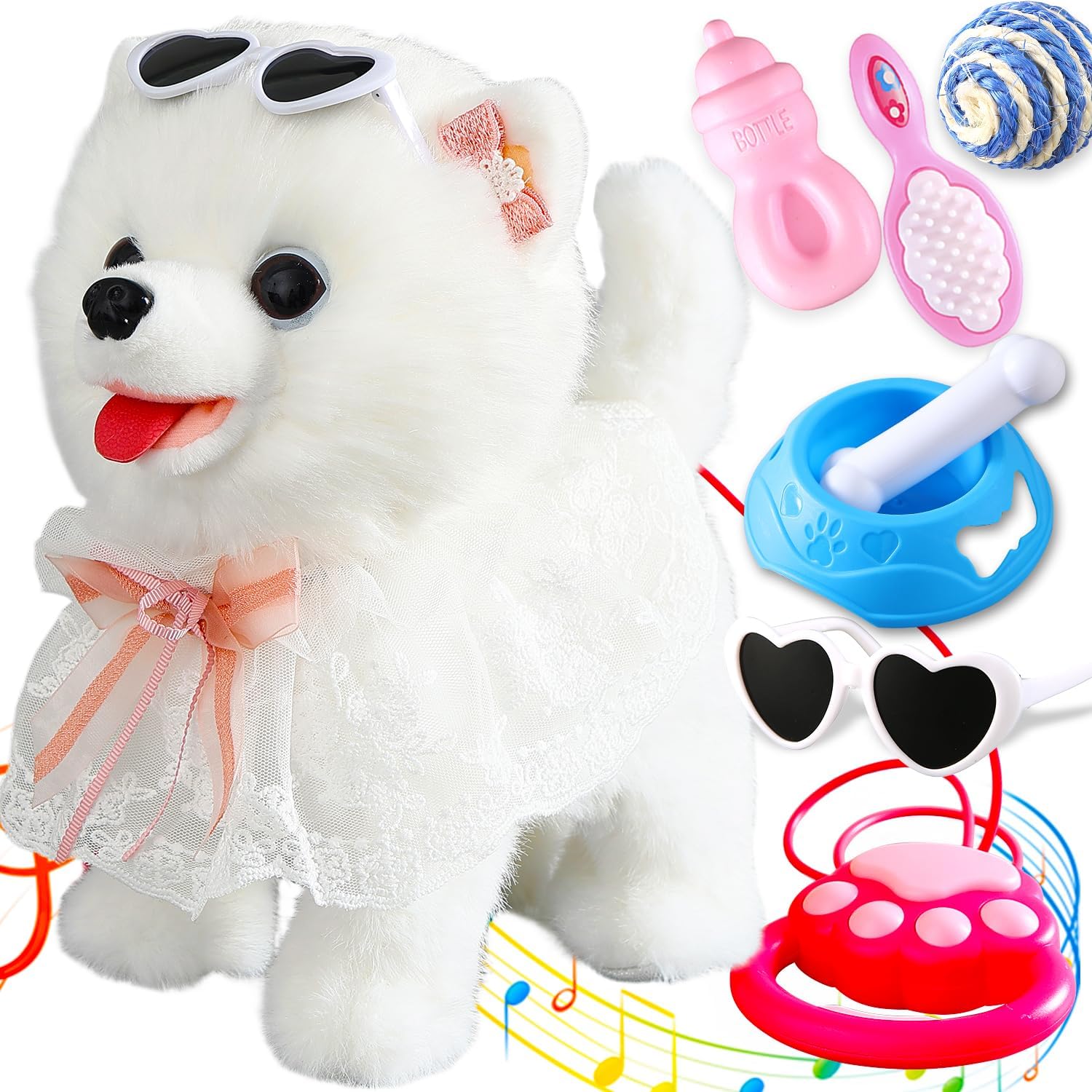Walking Barking Singing Samoyed Puppy Toy, Repeats What You Say, Realistic Licking Tongue Wagging Tail Mechanical Dog with Touch or Voice Control, Interactive Music Dancing Plush Pet for Kids