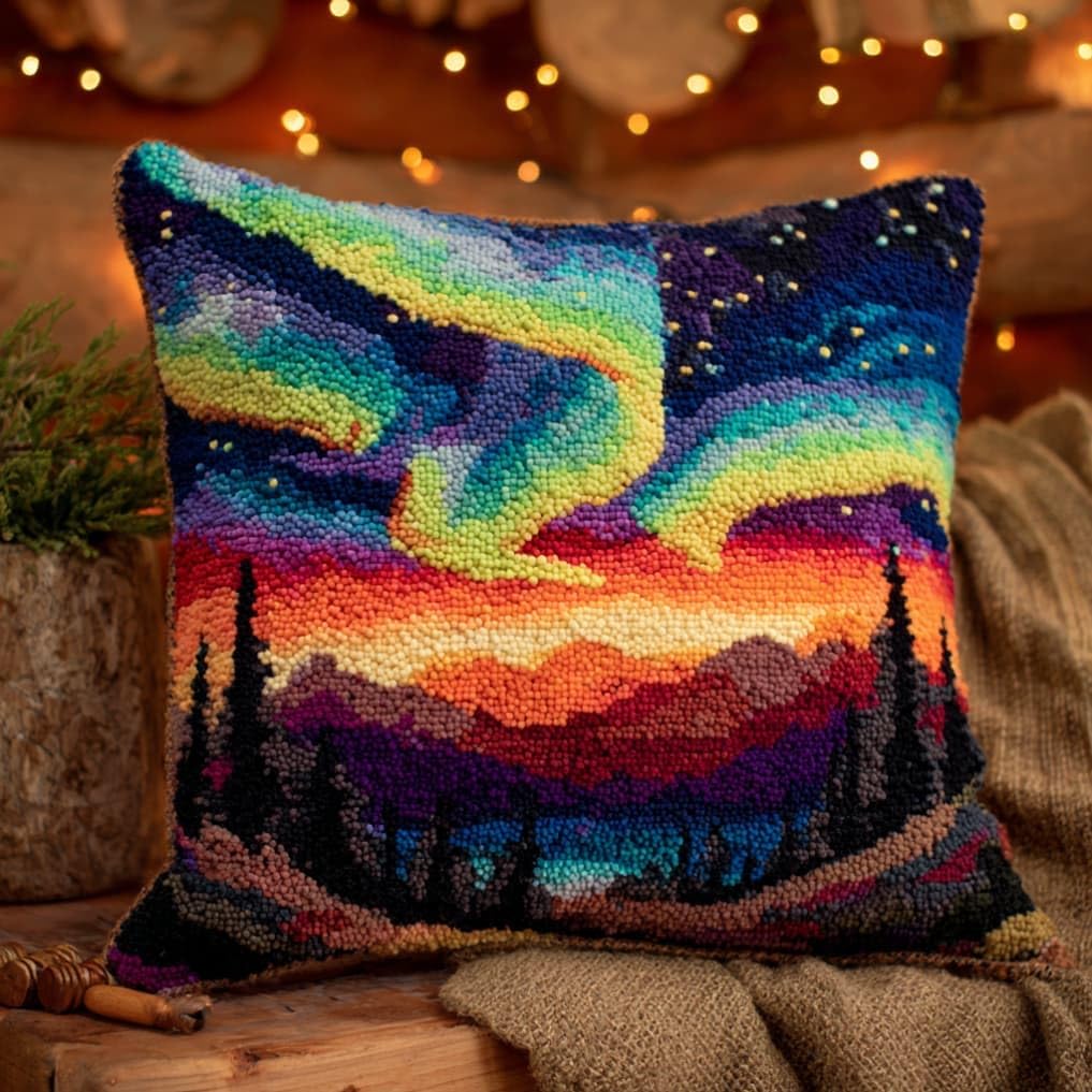 AxiangziK Latch Hook Cushion Kit,Aurora DIY Embroidery Pillow Cover 43X43Cm