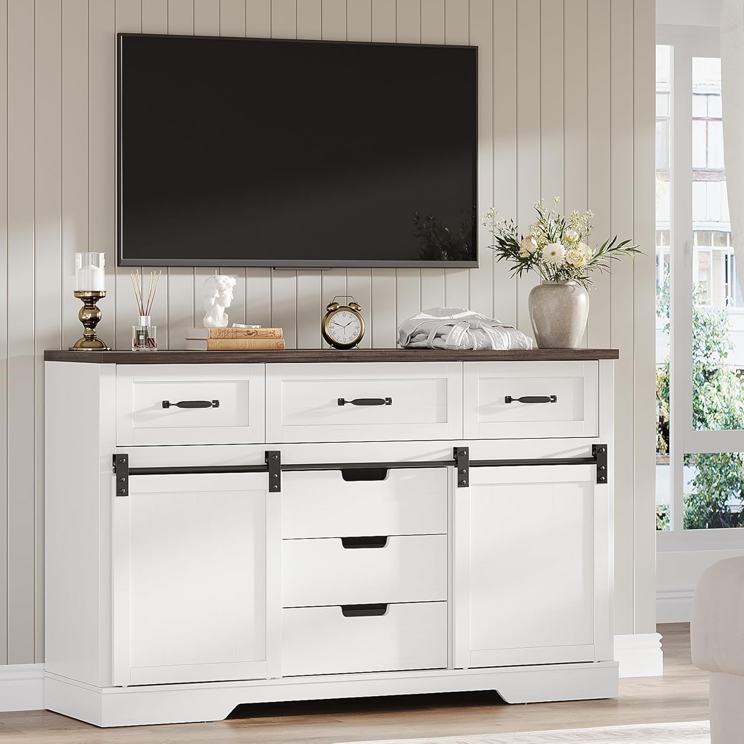 GAOMON Farmhouse 6 Drawers Dresser for Bedroom with Sliding Barn Doors, Wood Dressers & Chest of Drawers, Rustic Dressers TV Stand, Dresser Organizer for Bedroom, Living Room, White