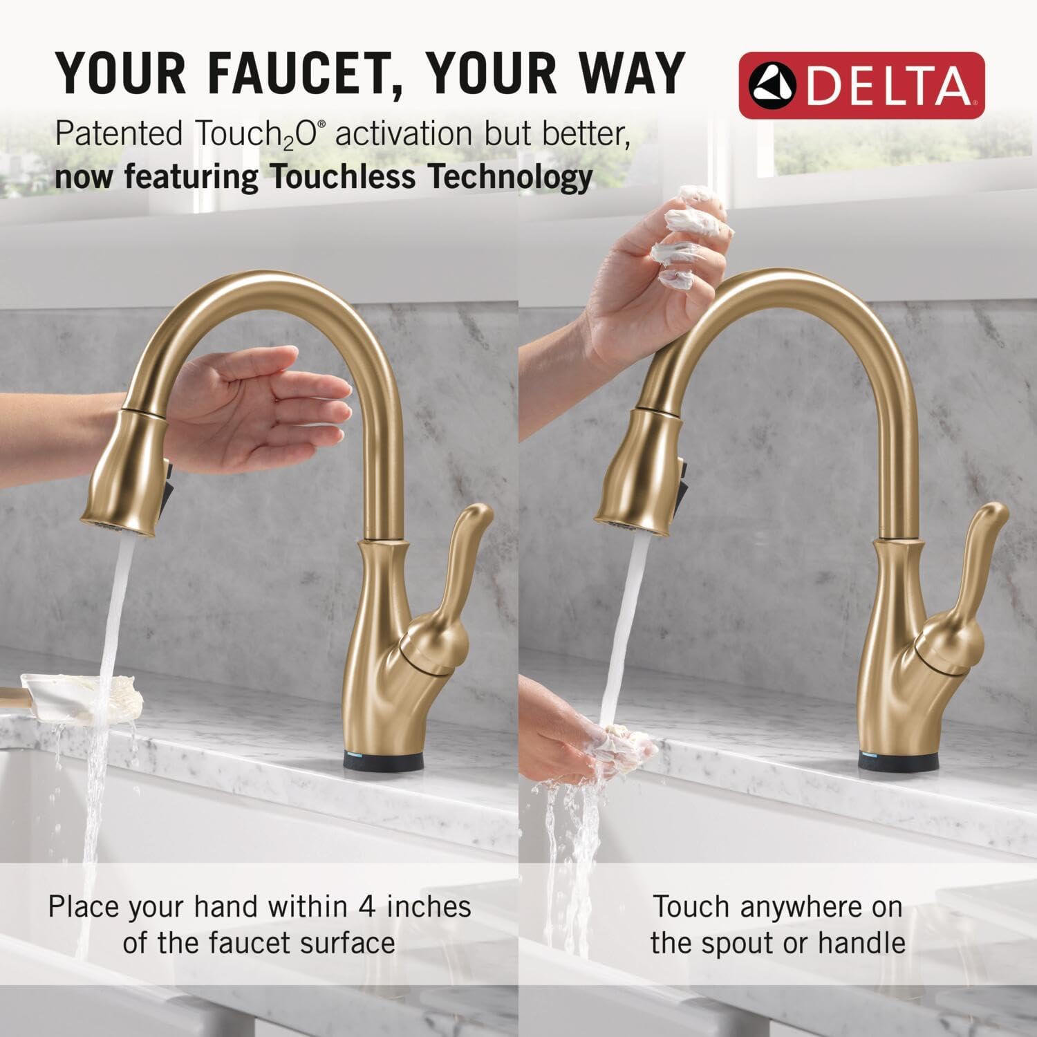 Delta Faucet Leland Touch Kitchen Faucet with Touchless Technology, Gold Kitchen Faucet with Soap Dispenser, Kitchen Sink Faucet, Touch Faucet for Kitchen Sink, Delta Touch2O, Champagne Bronze