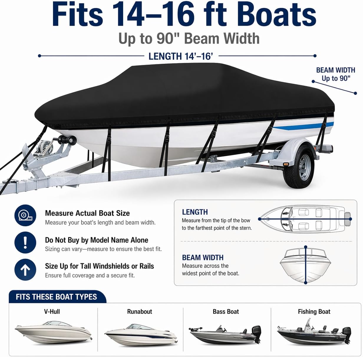 Anglink Boat Cover 14-16 ft, 600D Marine Grade Water Resistant Trailerable Storage Cover for V-Hull, Runabout, Bass Boat & Fishing Boat, Fits Up to 90" Beam Width,Black