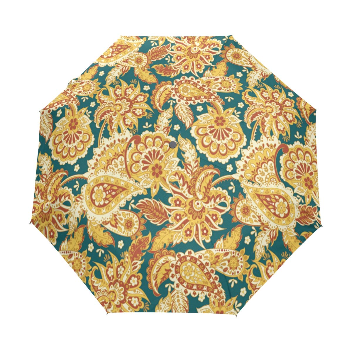 Paisley Pattern Indian Style Floral Automatic Umbrella,Windproof Waterproof UV Protection Golden Yellow Flower Art Compact Travel Umbrella - 3 Folds Auto Open/Close Button Sun&Rain Car Umbrella