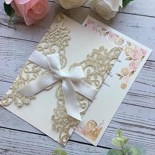 Miniatura 4 de 5.12 x 7.28 pulgadas, 50 piezas personalizadas de champán con purpurina, kit de invitaciones de boda cortadas con láser, tarjetas de invitación de