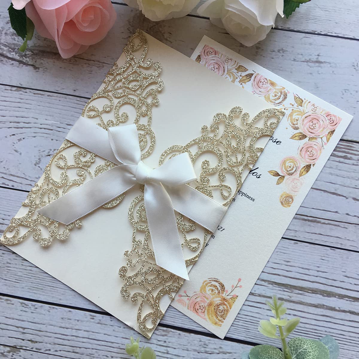 Lot de 50 cartes d'invitation de mariage vierges à paillettes - 12,7 x 18,5 cm - Champagne - Découpe laser - Avec enveloppes - Pour mariage, anniversaire