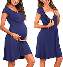 Nieery Maternity Night Shirts Cotton Hospital Childbirth Short Sleeves Lace Nightgown Nursing with Buttons V Neck