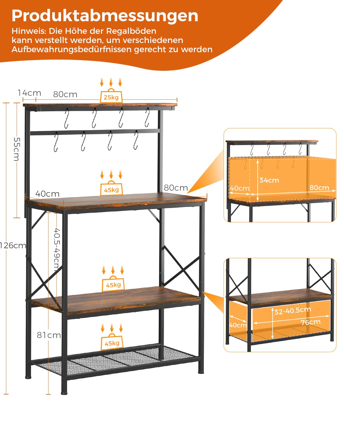 COMHOMA Regal, Küchenregal, Standregal, Mikrowellen Regal für Küche, Gewürzregal, Bücherregal mit Anti-Kipp-Schutz, Shrank mit 4 Ablagen, 8 S-Haken, Metallrahmen, Stahlrahmen, 80x40x126cm,Vintagebraun