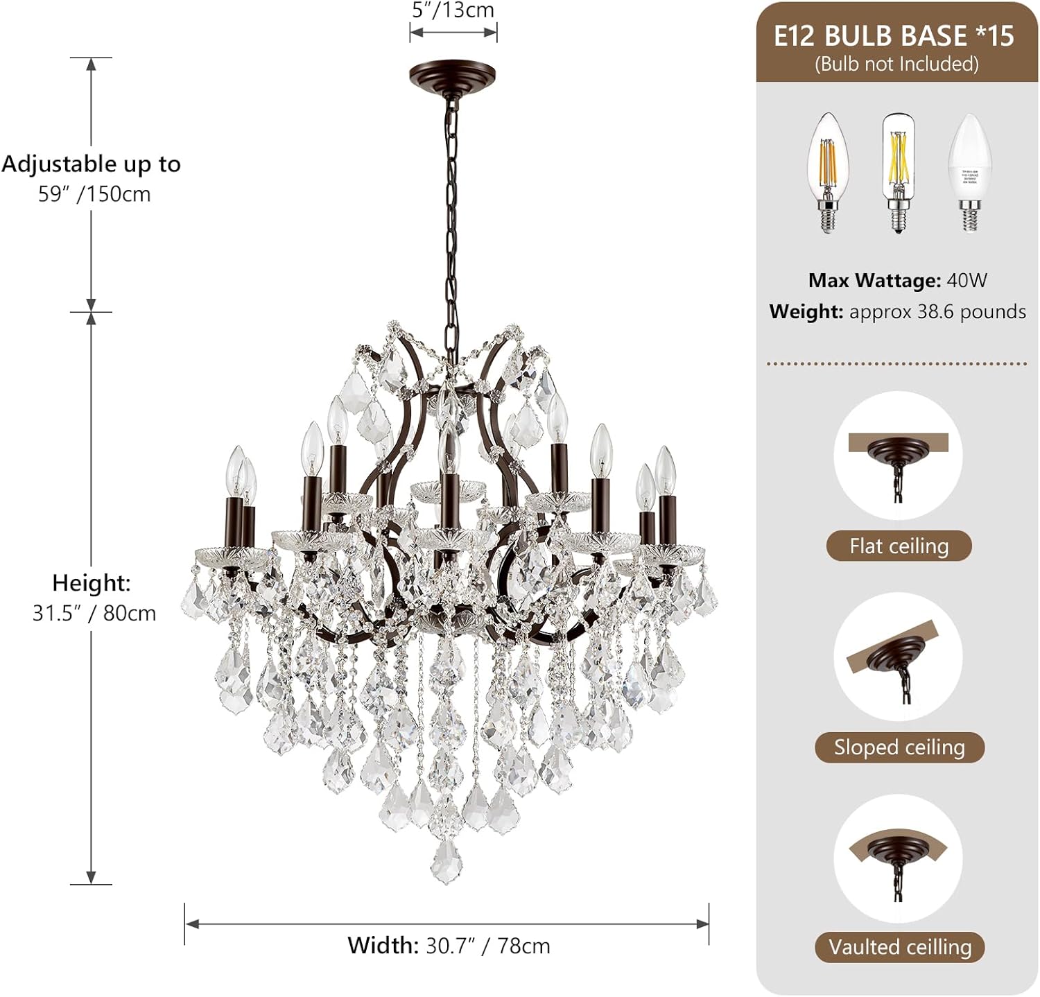 15 Lights Crystal Chandeliers for Dining Room Maria Theresa Chandeliers Vintage Pendant Light Fixture Living Room Bedroom Entryway Kitchen Brown 31.5" H x 30.7" D