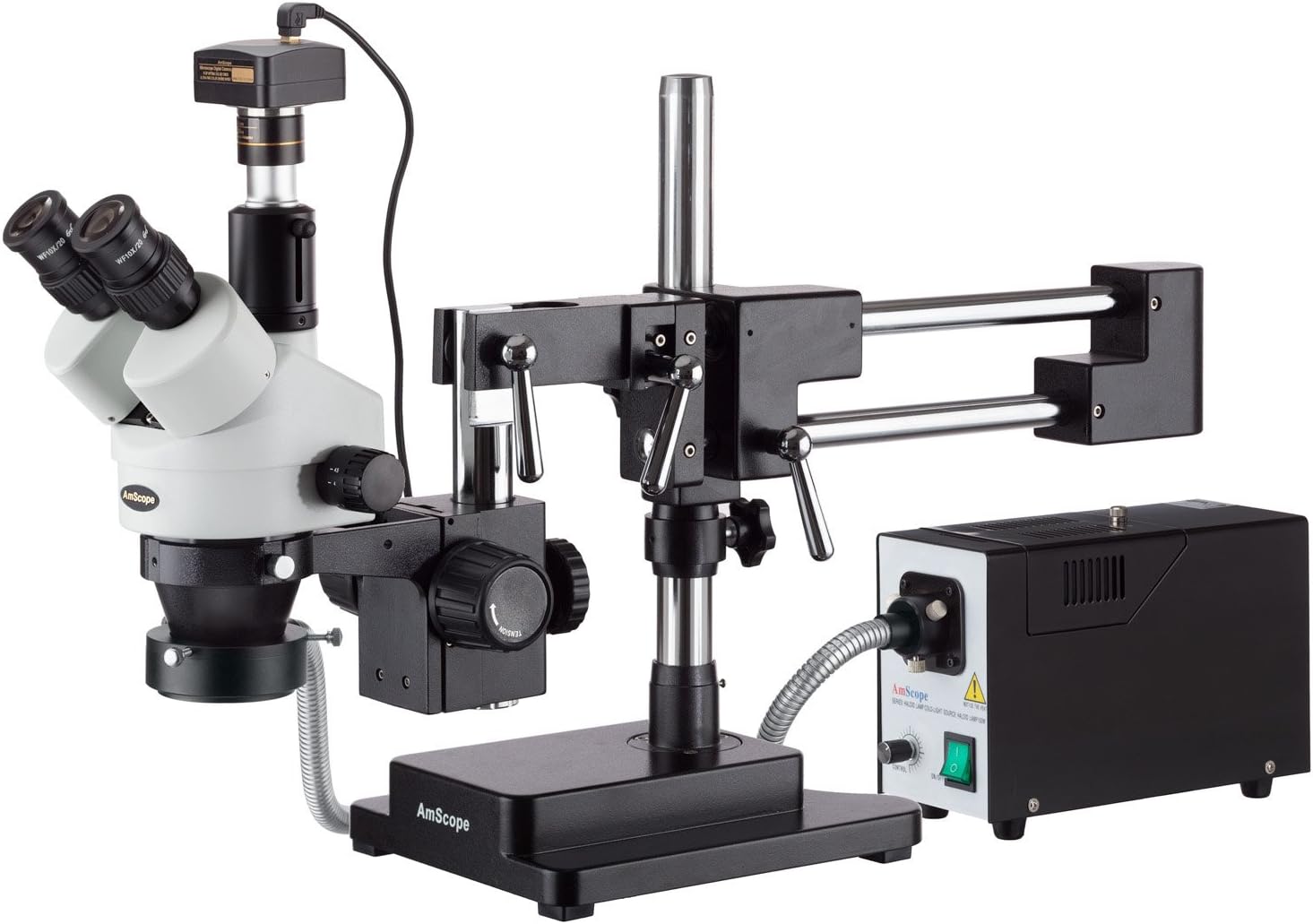 AmScope SM-4TZ-FOR-5MB Digital Professional Trinocular Stereo Zoom Microscope, WH10x Eyepieces, 3.5X-90X Magnification, 0.7X-4.5X Zoom Objective, Fiber-Optic Ring Light, Double-Arm Boom Stand, 110V-120V, Includes 0.5X and 2.0X Barlow Lenses and 5MP Camera with Reduction Lens and Software