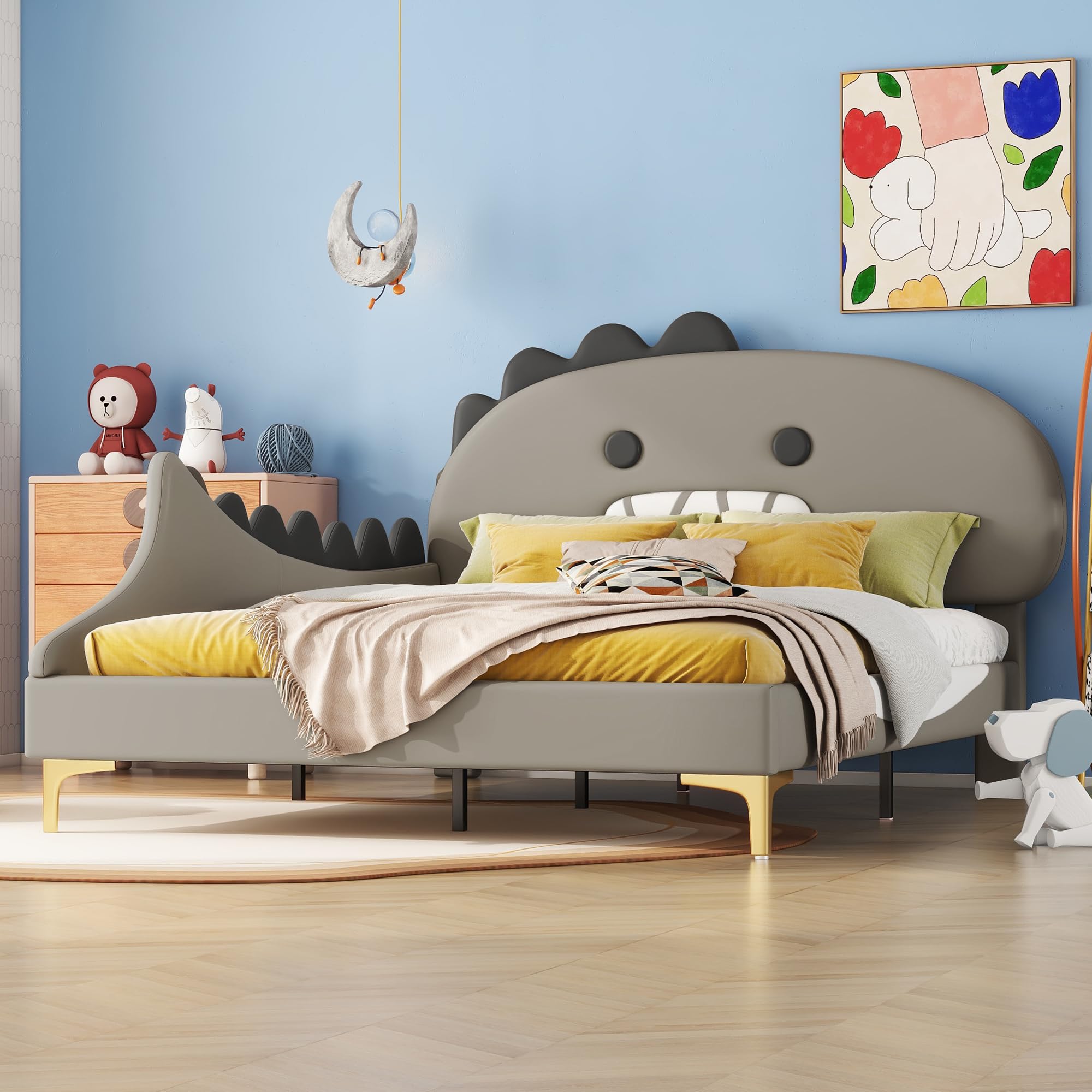 Bett 140x200 mit Lattenrost Kinder Mädchen Doppelbett, Kinderbett, Dinosaurierform, Bettgestell, Jugendbett, Bett für Jungen und Mädchen, PU, ohne Matratze
