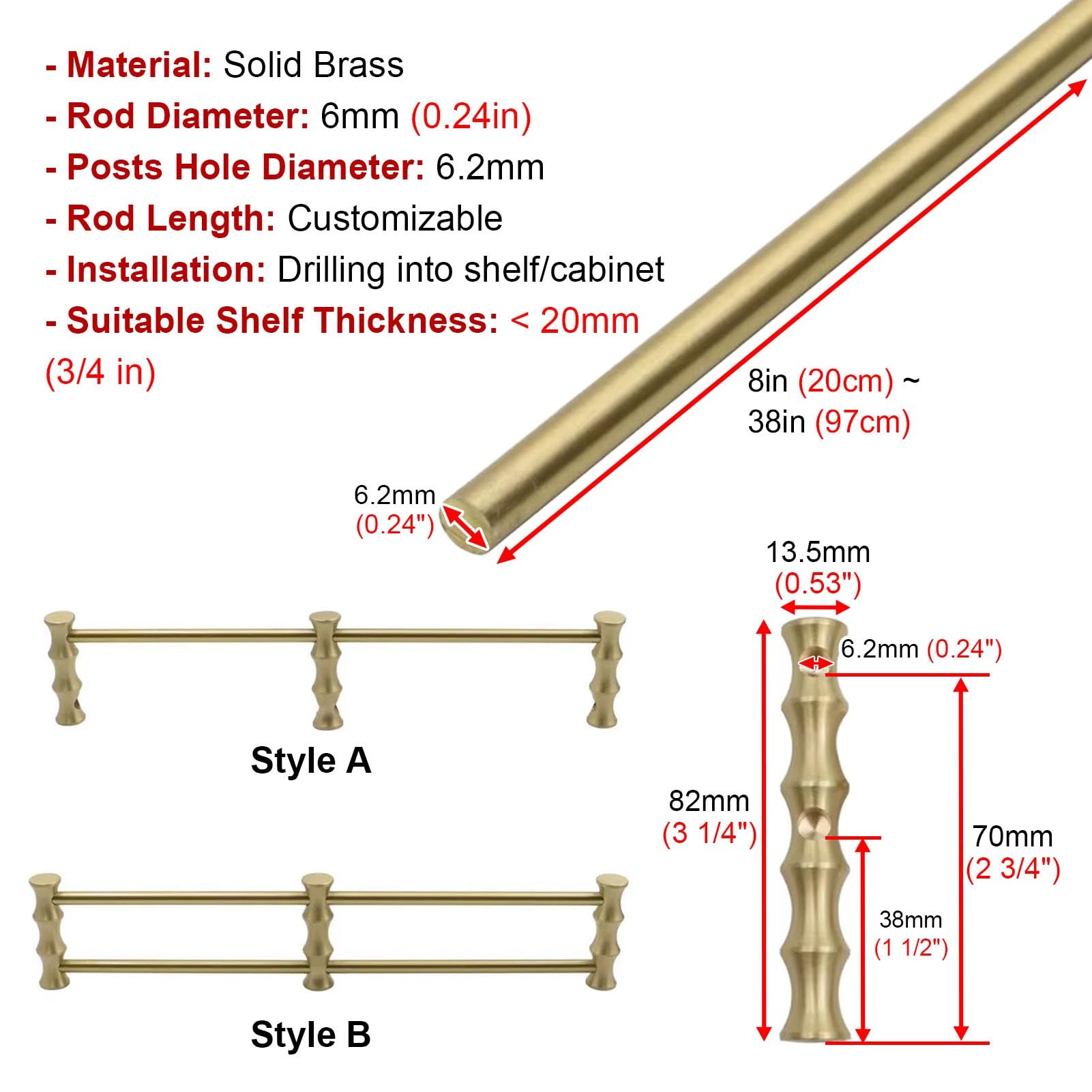 Generico Binari in Ottone Massiccio per Appendere mensole in Legno, ringhiera Decorativa per mobili, Set di binari per mensole con Barra Rotonda Lunga e 3 montanti (Stile A, 36 cm)