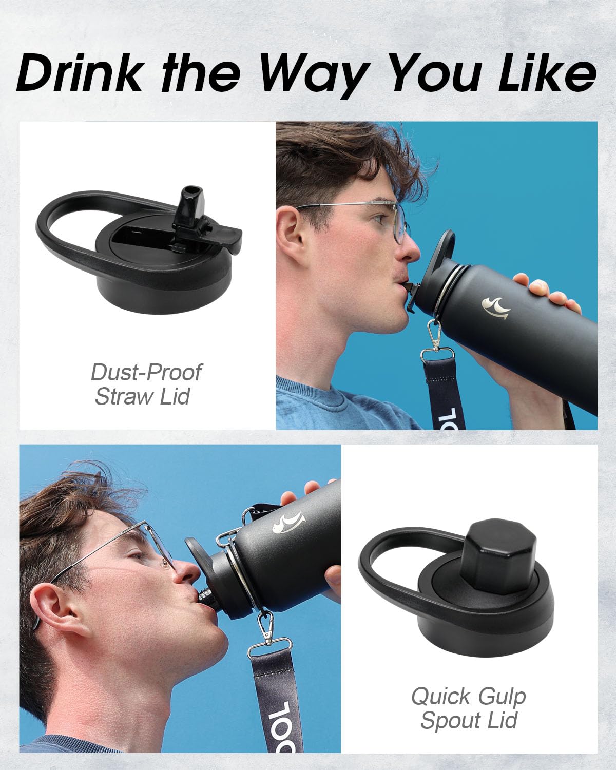 Coolflask - Borraccia da 1,1 l con cinghia, borraccia in metallo isolata con coperchi con cannuccia e beccuccio, acciaio inossidabile a doppia parete sotto vuoto, mantiene la bevanda fredda per 48 ore