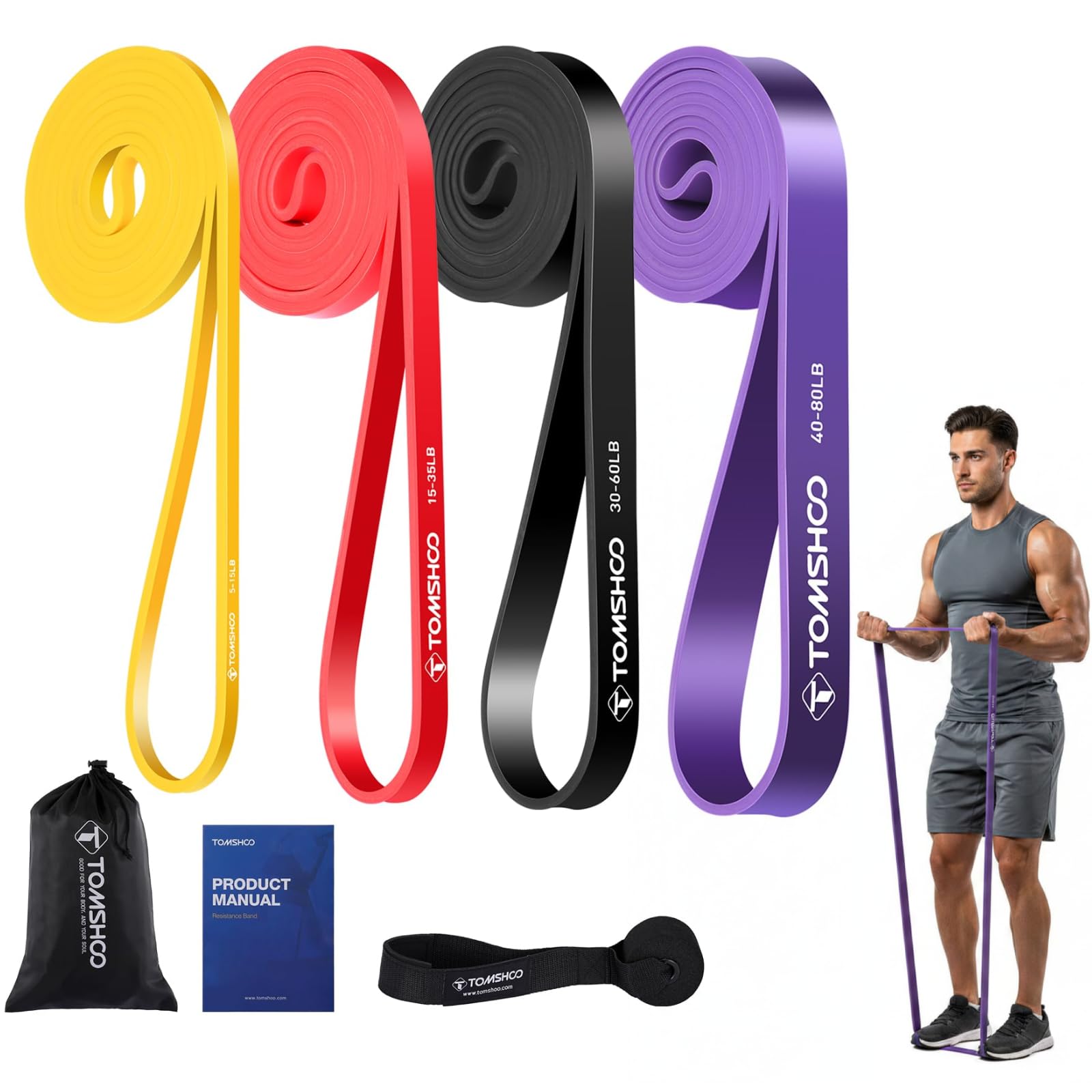 TOMSHOO Set di Fasce di Resistenza, Fasce fitness Fascia per Trazioni Fascia da Allenamento con Ancoraggio Alla Porta, Borsa di stoccaggio, per Allenamento Della Forza, Stretching