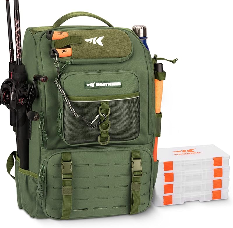 KastKing KarryAll Mochila de pesca con soporte para caña 4 cajas de aparejos, 40/26L | Bolsa de aparejos de almacenamiento para equipo y equipo de pesca, material resistente al agua, regalo de pesca para hombres