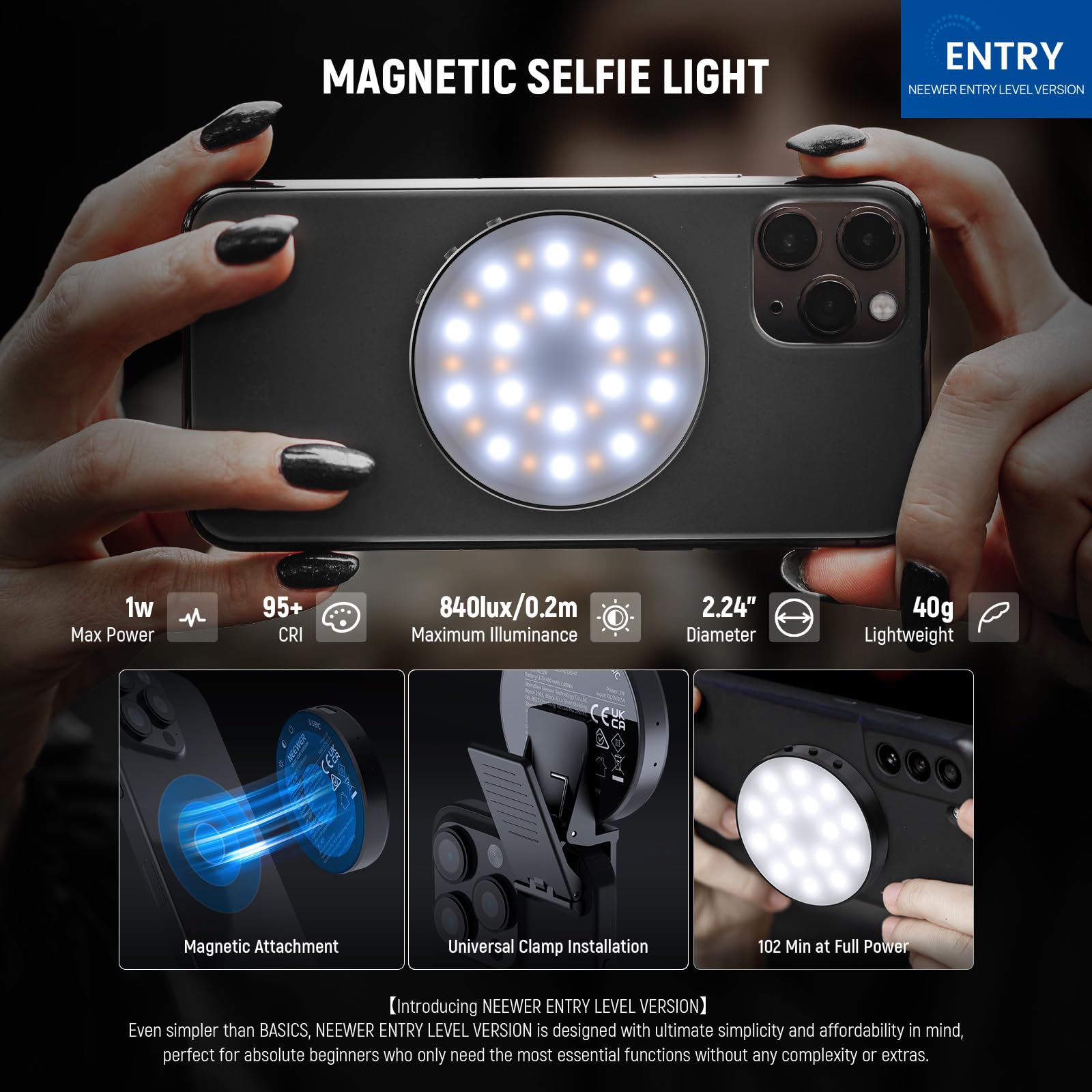 NEEWER Wersja podstawowa, magnetyczne światło do selfie, kompatybilne z MagSafe iPhone, 1 W, metalowy pierścień wypełniający do telefonu, oświetlenie do laptopa, wideokonferencji, nagrywania makijażu
