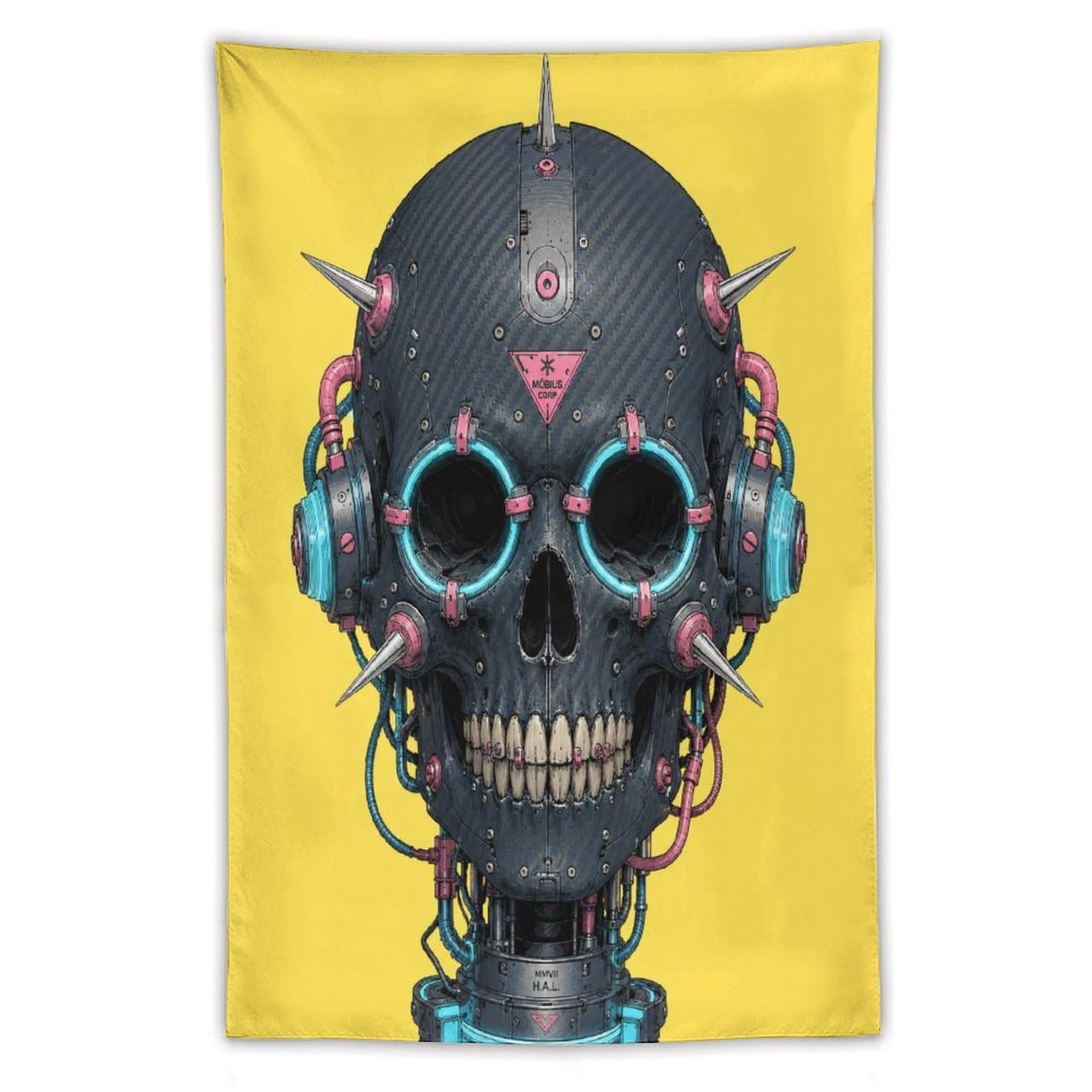 W7C8U2X3 Cyber Skull with Neon Goggles Wall Tapestry, Futuristic Dark
