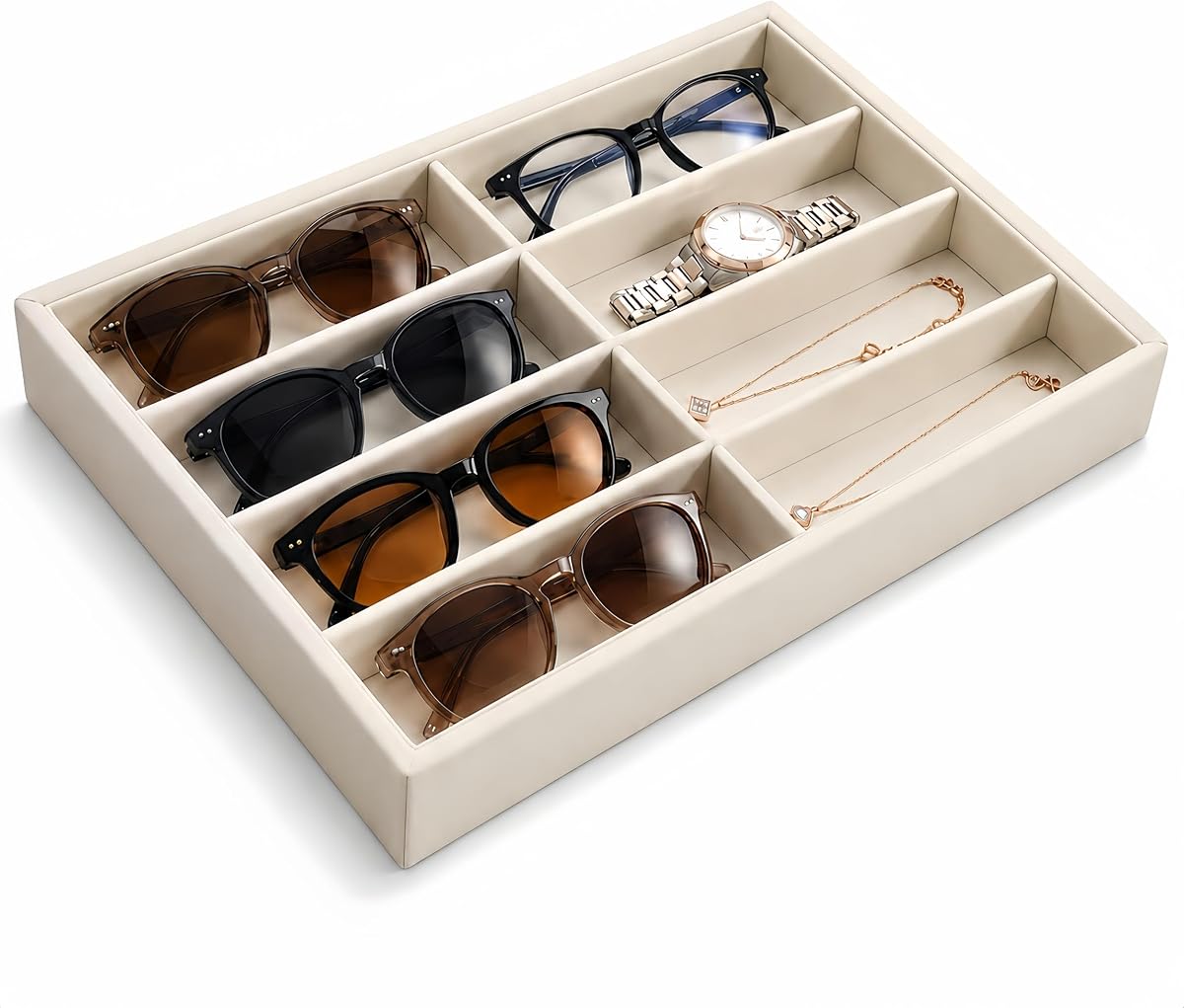 Amzlink® Bandeja organizadora de gafas de sol, soporte de terciopelo con 8 ranuras para anteojos, gafas de sol, exhibición de joyas y relojes, cómoda con cajones para hombres y mujeres, mesita de noche, color beige