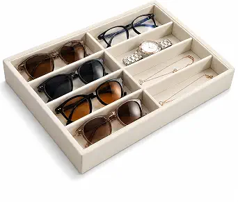 Amzlink® Sunglass Organizer Tray, 8 Slot Velvet Glasses Holder for Eyewear, Jewelry & Watch Display, Beige