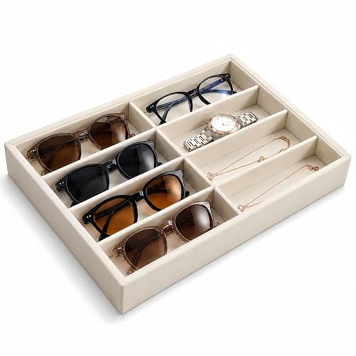Amzlink® Sunglass Organizer Tray, 8 Slot Velvet Glasses Holder for Eyeglasses, Sunglasses, Jewelry & Watch Display, Men's/Women's Drawer Dresser Vanity Nightstand Storage, Beige