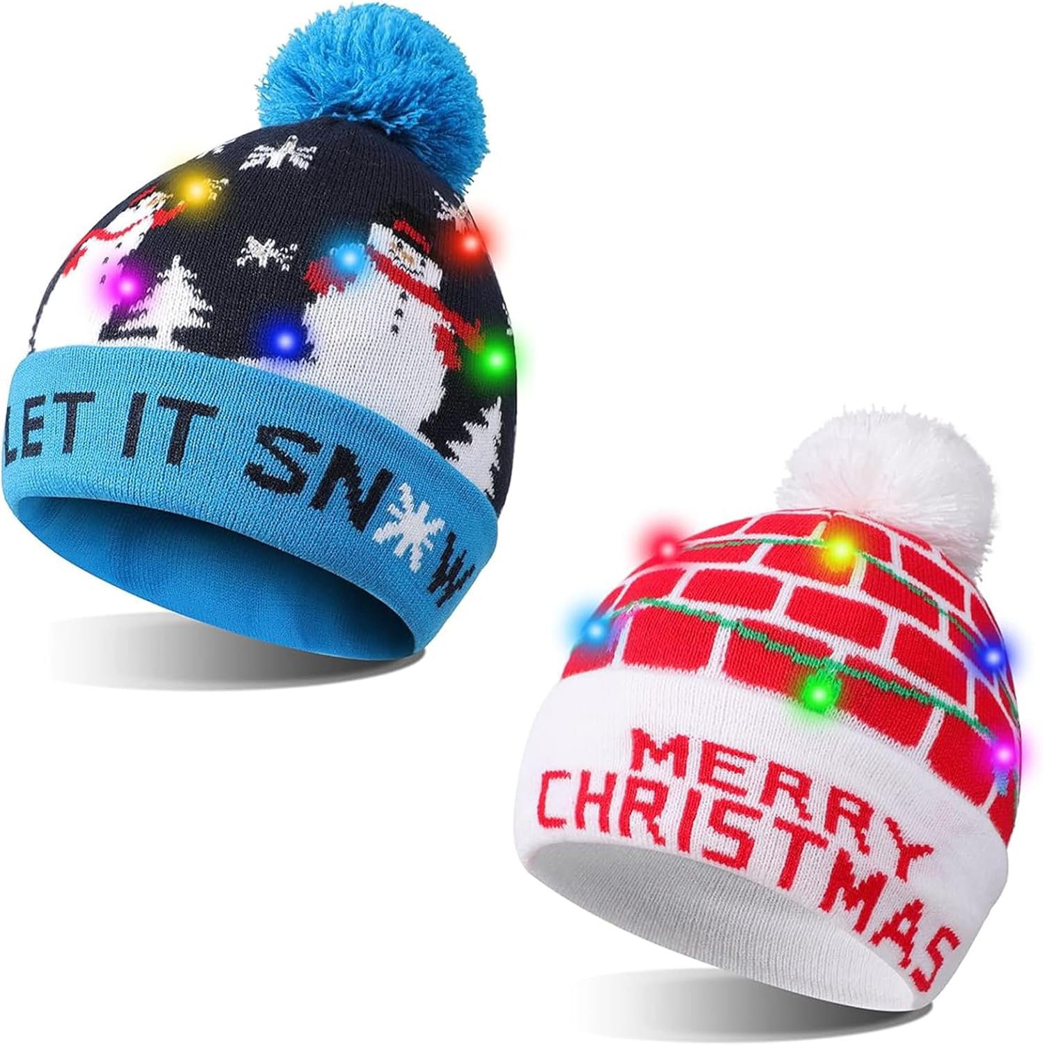 2 Pack LED Light up Christmas Knitted Hat Unisex Anpress Winter Beanie