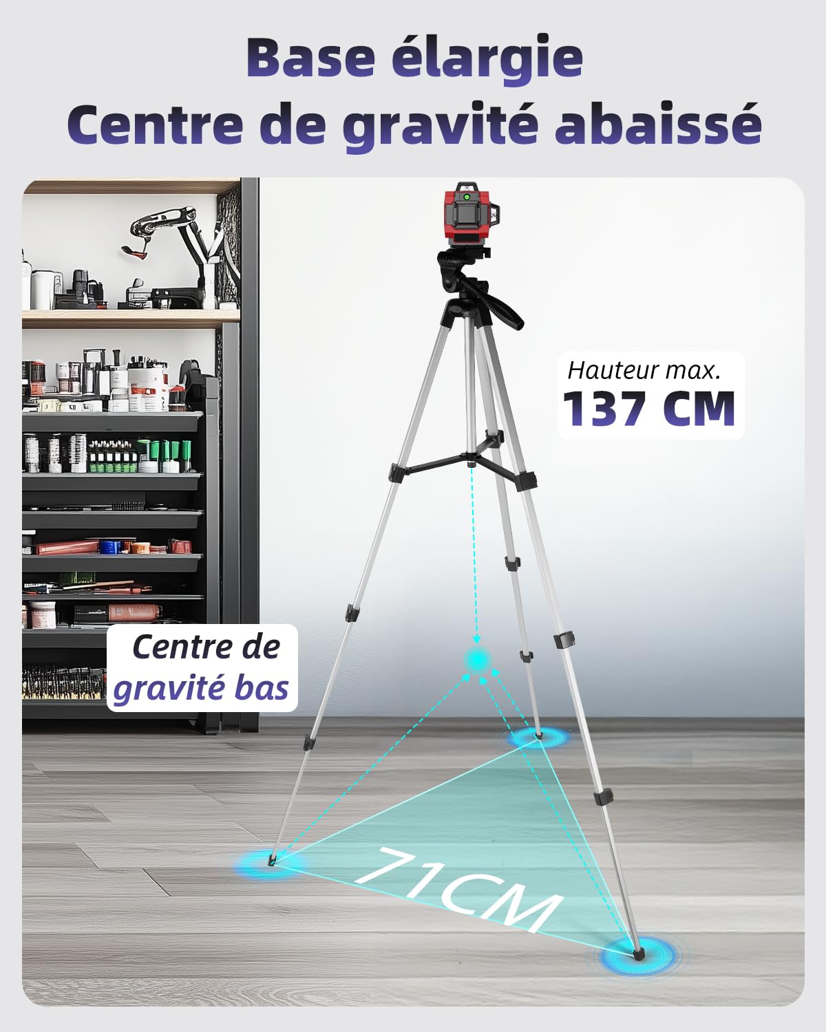 Trépied en aluminium léger 137 cm pour niveau laser, équipé d'un niveau à bulle vert, d'une vis 1/4 de pouce et d'une rotule 3D pour le nivellement précis des lignes laser, Argent