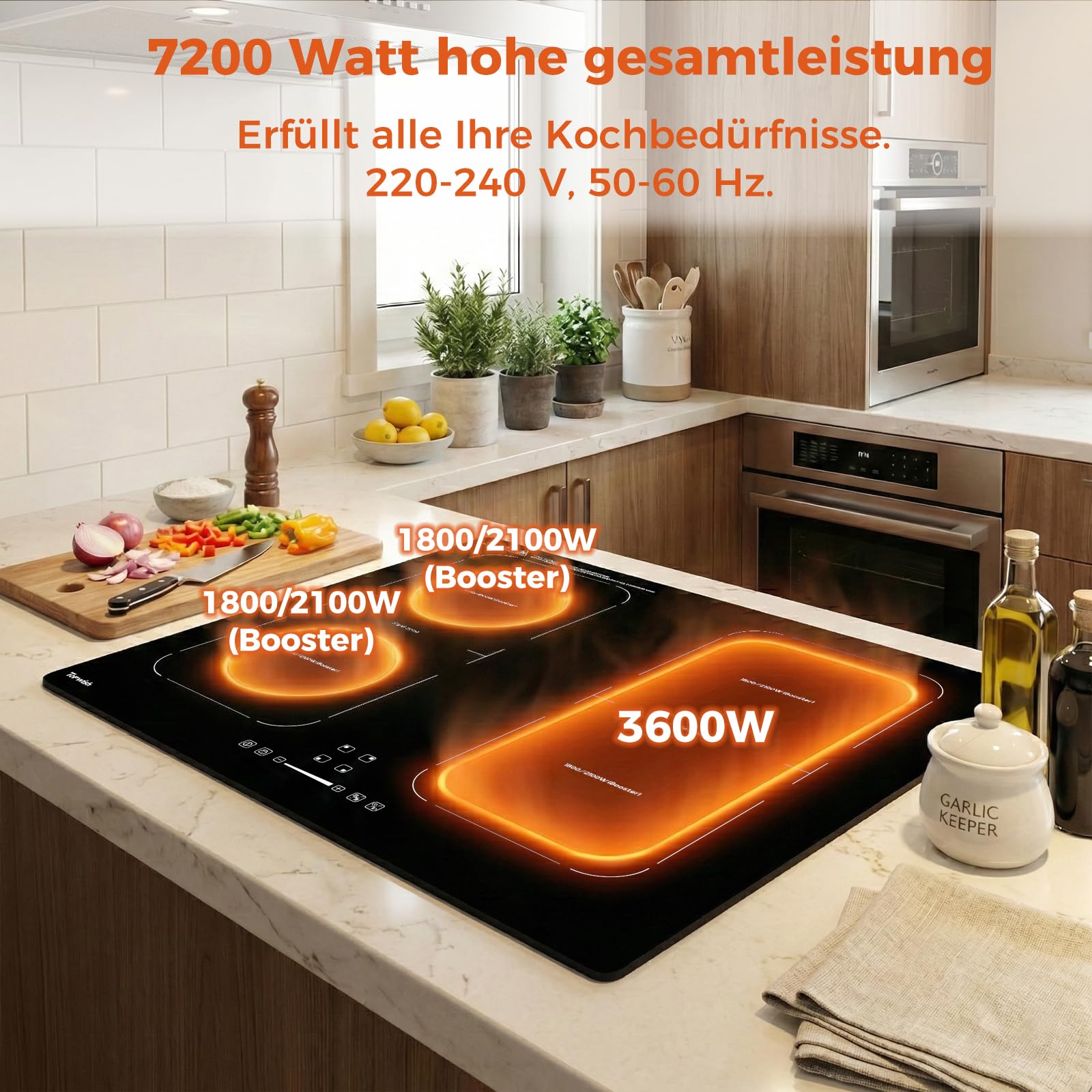 Topwish Induktionskochfeld 60cm, Induktionskochfeld 4 platte mit Zwei Flexzonen, Induktionskochplatte einbau mit Boost-Funktion, Timer, Kindersicherung, Überhitzungsschutz und Warmhalten,7200W - 3