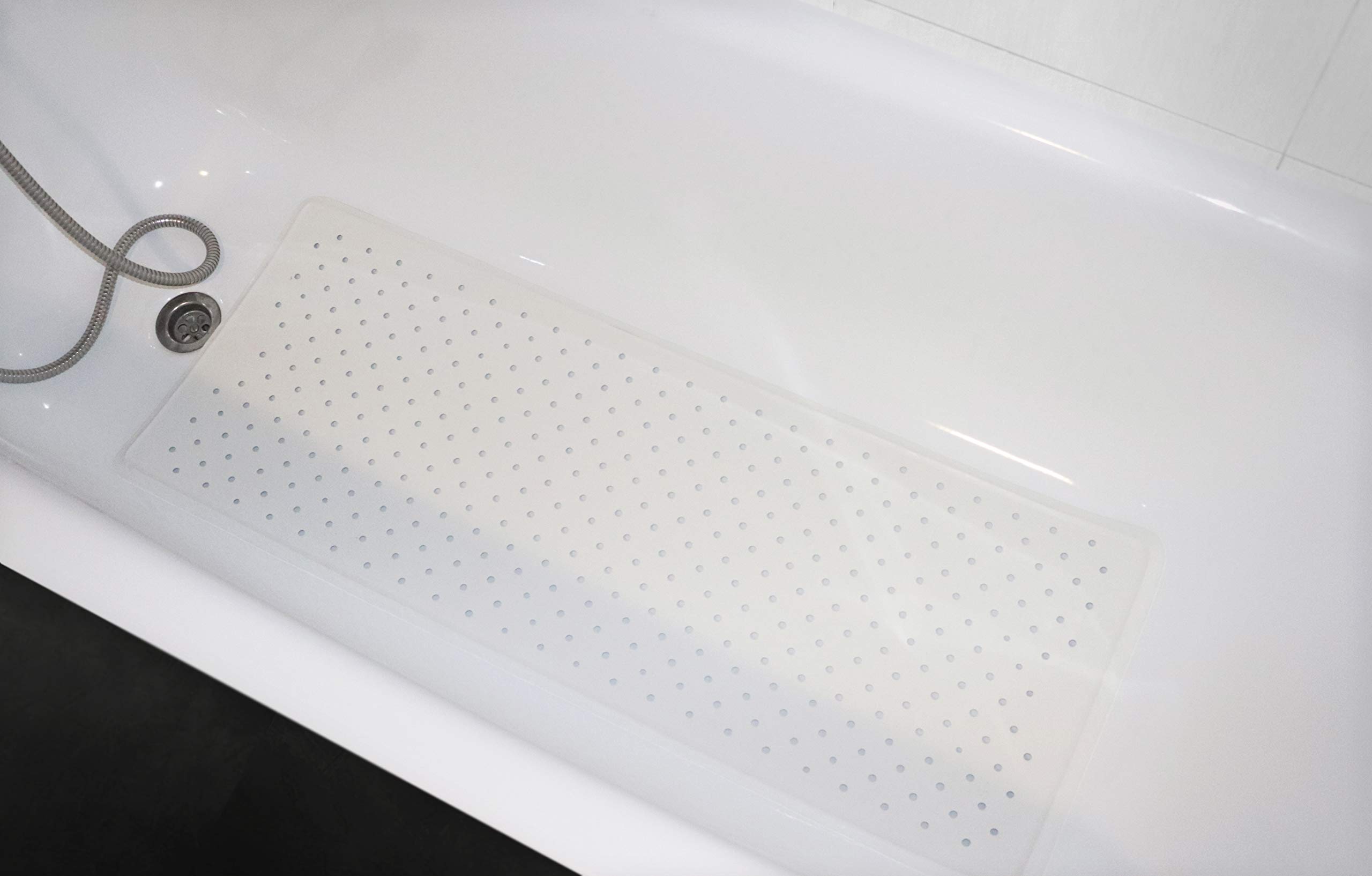KMINA Tapis de Bain Antidérapant (65x35 cm), Douche Rectangulaire, Baignoire avec Ventouse, Caoutchouc Naturel, Antimoisissure, Blanc - Fabriqué en Europe