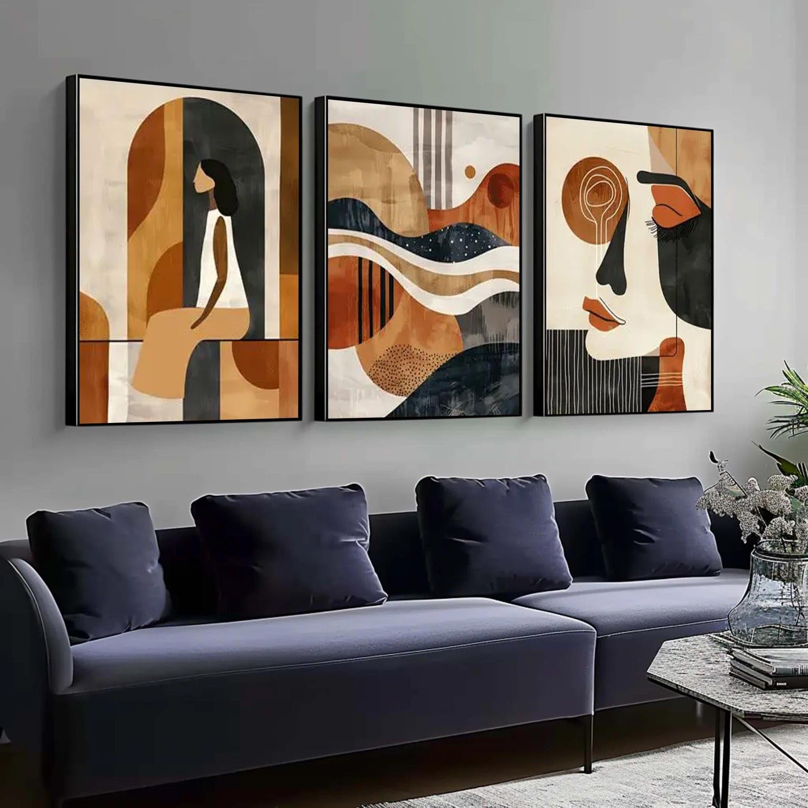 TONGYINLI Abstract Triptych Canvas Wall Art, Mid-Century Faces Painting, Geometric Waves Artwork, Brown Bohemian Canvas Prints(50x70cmx3/Frameless)