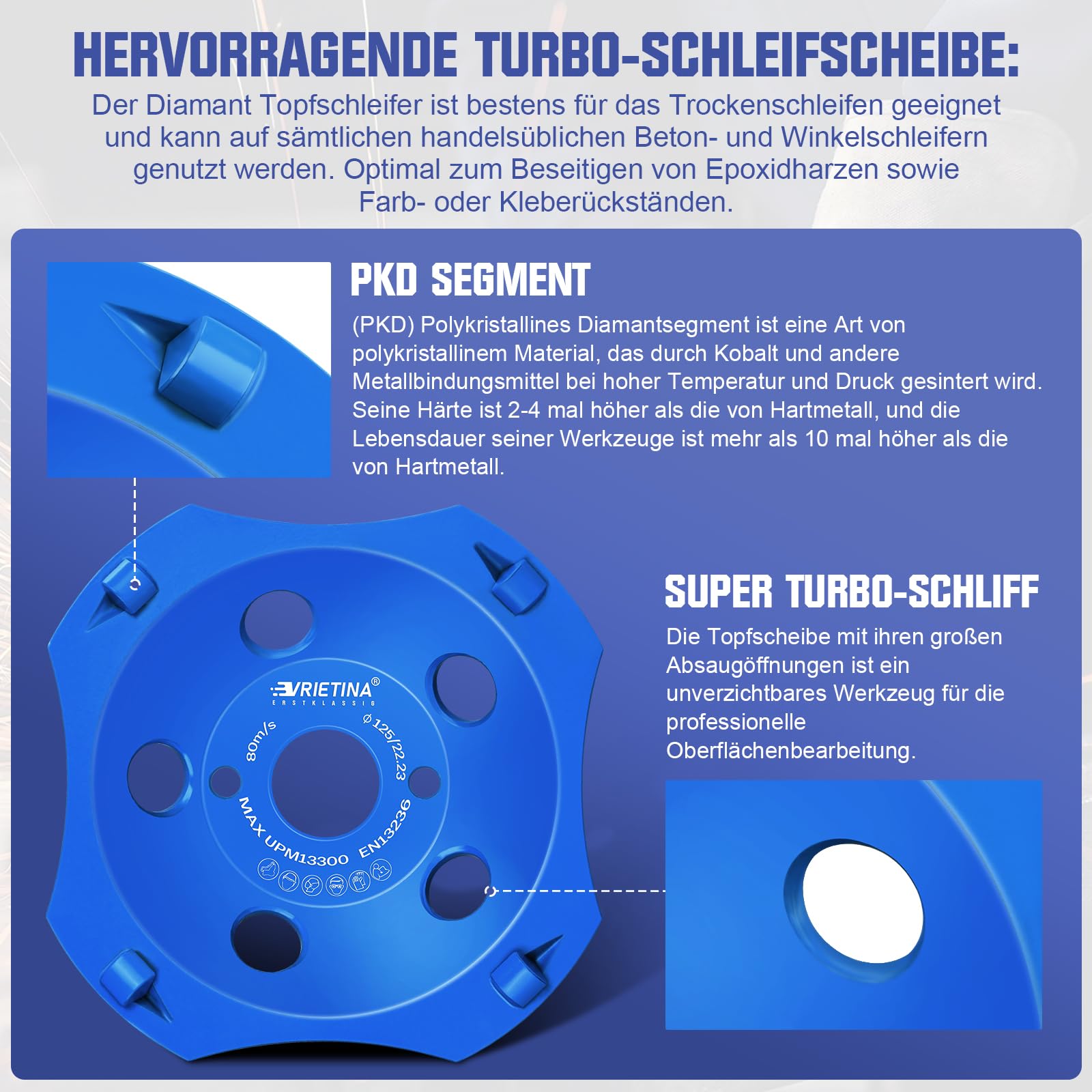 PKD diamentowa tarcza szlifierska 125 x 22,23 mm, turbo do betonu, 4 segmenty, talerz szlifierski, szlifierka garnkowa do szlifierek kątowych, do granitu, kamienia naturalnego, kamienia, muru, kleju