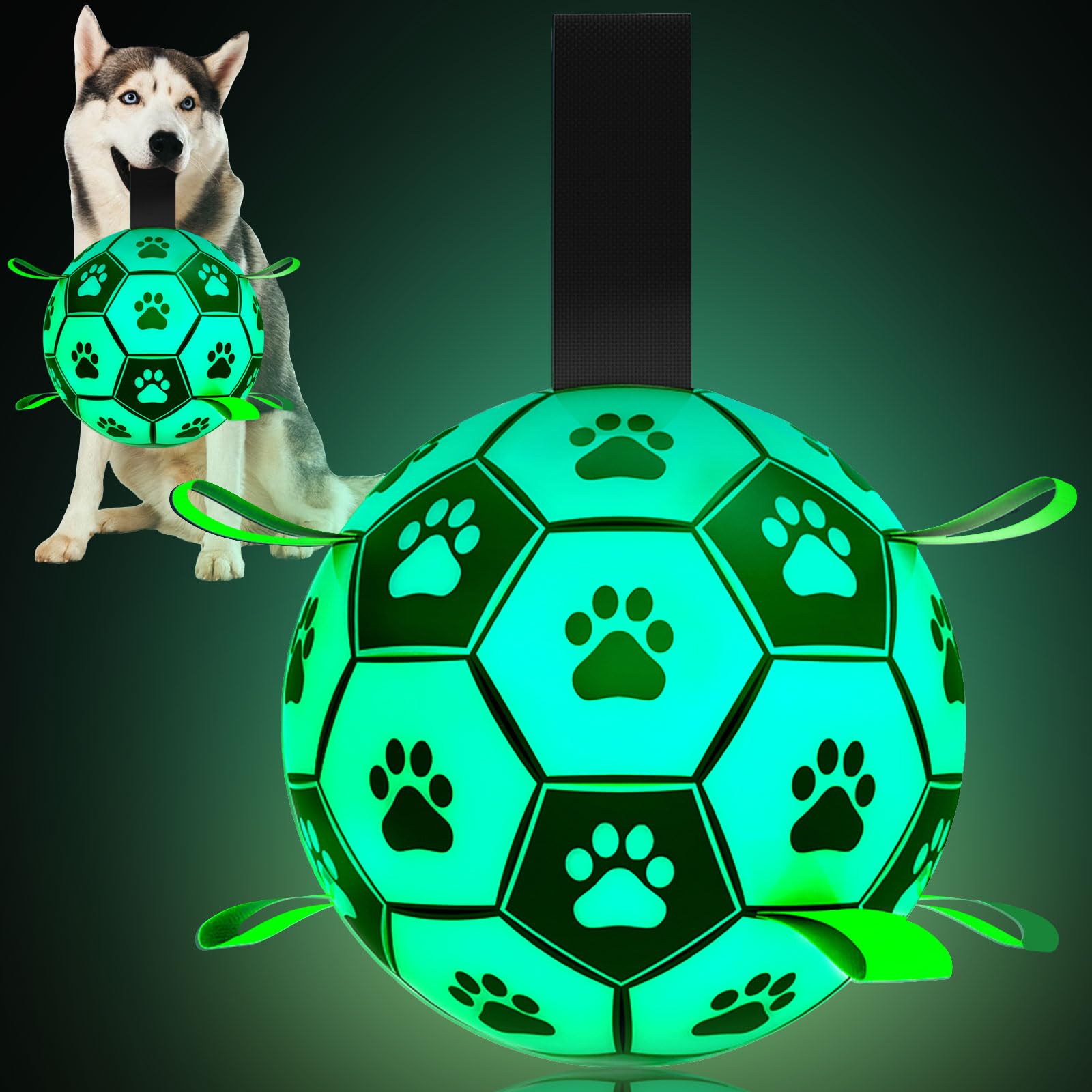 Glow in The Dark Dog Toys, 8'' Dog Soccer Ball with Straps Upgraded Interactive Light Up Dog Toys, World Cup Dogs Football, Outdoor Tug Toys for Medium & Large Dogs Birthday Gifts(8 Inch-Large)
