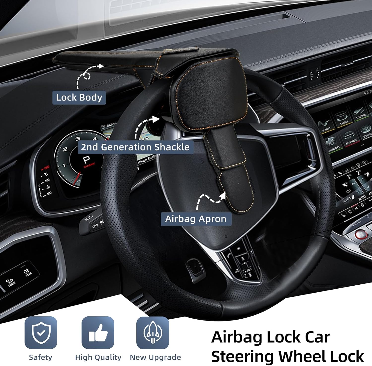 Car Anti Theft Lock, Leather Anti-Theft Car Device Fit Any Brand Vehicle or Truck, Steering Wheel Lock with 2 Keys Stainless Steel Black