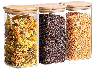 Airtight Glass Storage Canister with Wooden Lid - Square Kitchen Storage for Nuts, Coffee, Flour, Rice, Sugar, Tea (1500ml, Set of 3)