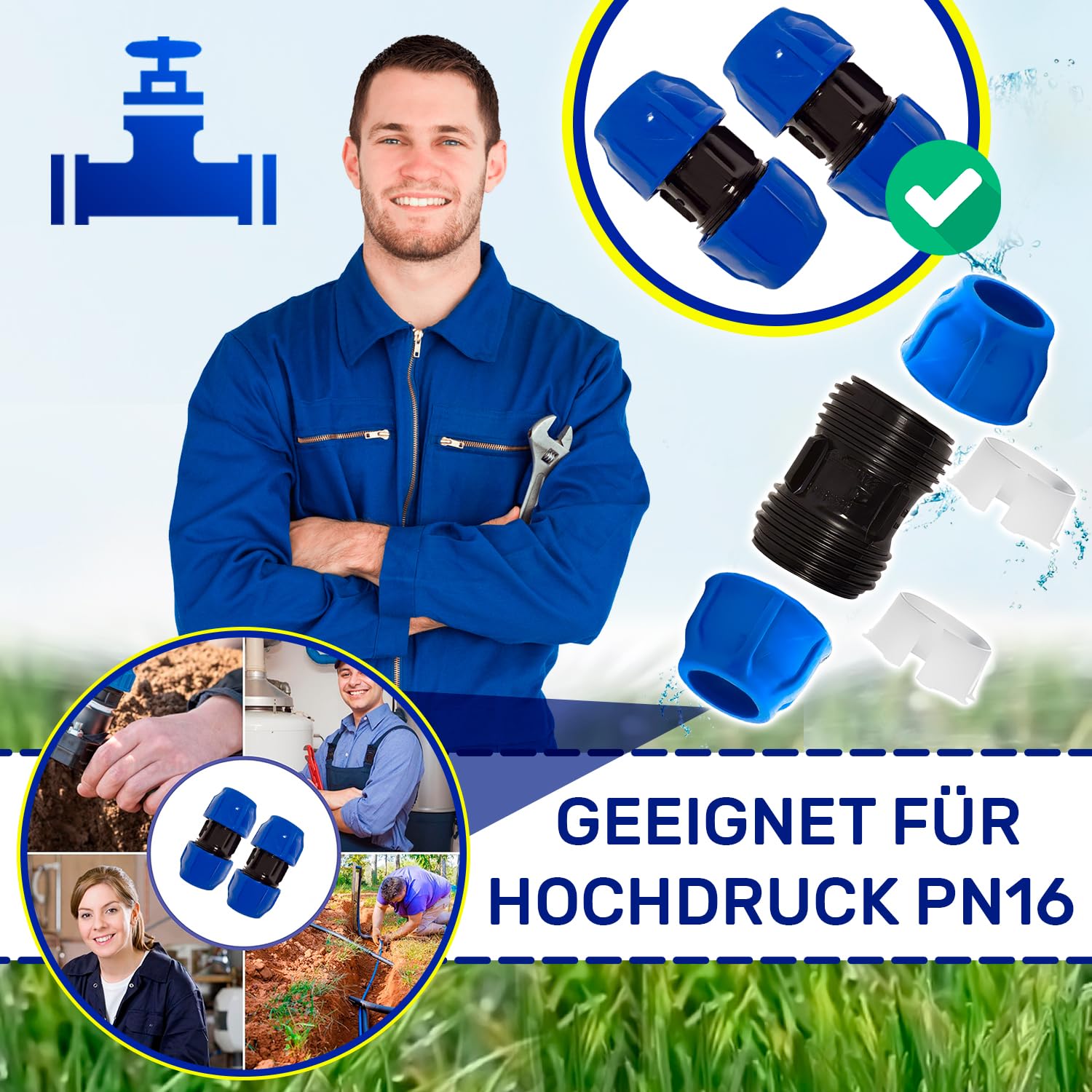 MONTERAL 2 Stück PP Klemmverbinder Muffe 32 Mm Für PE-Rohr – PN16 Hochdruck, Leckagesicher