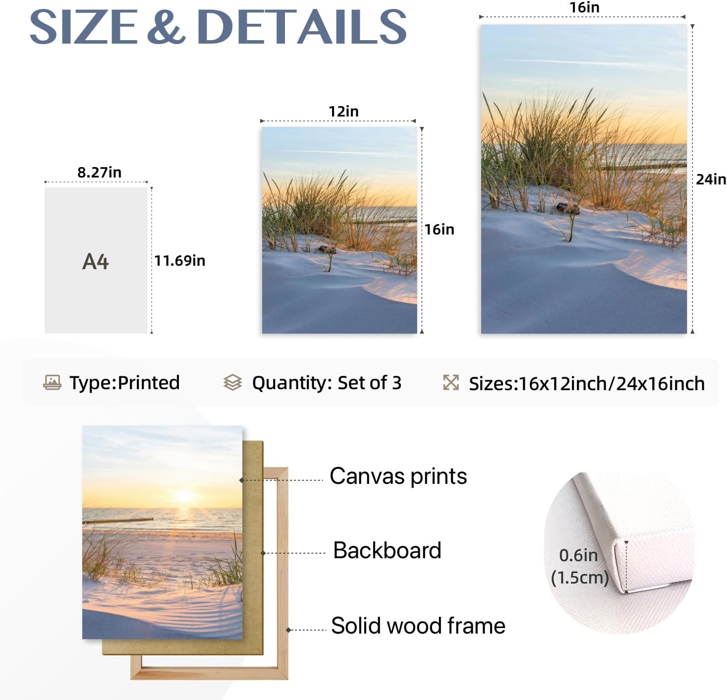 IAFWZX Framed Blue Beach Sunset Wall Art, Bright Ocean Seascape Wall Decor, Sun Sand Dunes Sea Grass Canvas Paintings, Nature Coastal Landscape Poster Prints for Bedroom Living Room 16"x24"x3