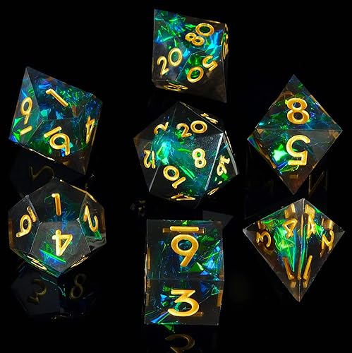 DND - Juego de dados hechos a mano, 7 accesorios, dados de borde afilado para juegos TTRPG de Calabozos y Dragones, RPG multicara de resina Negro