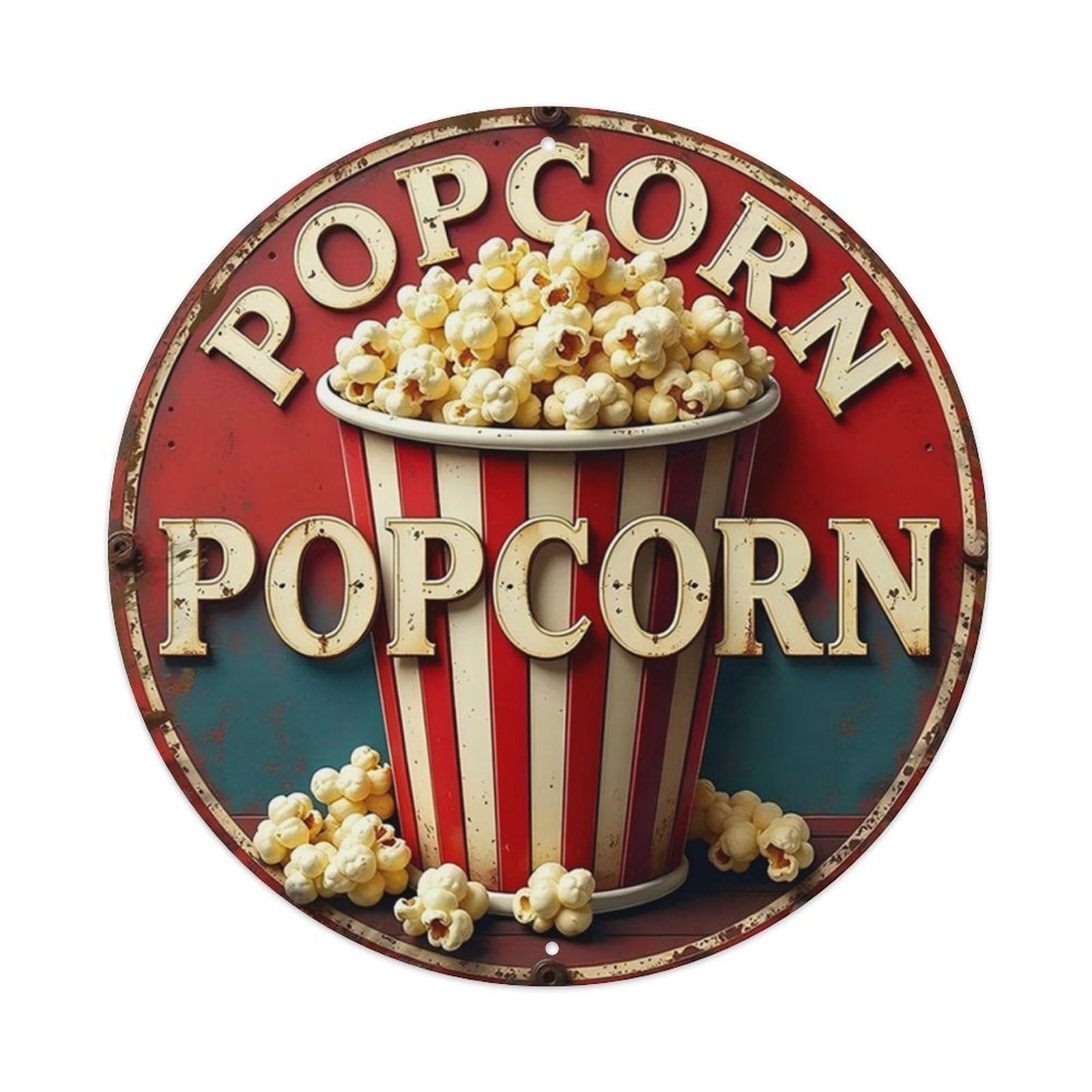 Ldfuieksufg Style Round Vintage Popcorn Cinema Wall Sign Bar Home Decor Vintage Aluminium Metal Sign, Retro Wall Decor For Home, Bar, Garage & Farmhouse 20X20cm