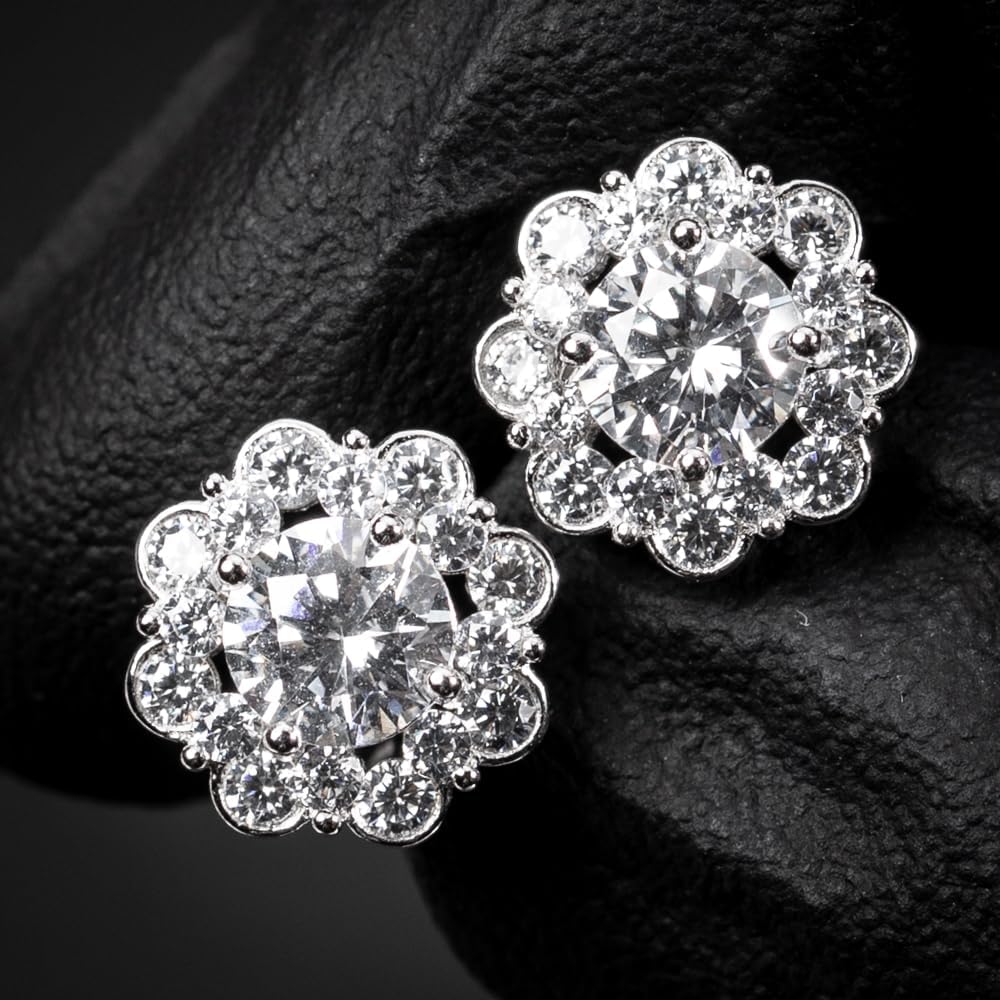 Flower Cluster Halo Round Brilliant 925 Sterling Silver White Gold Plated Unisex Iced Cz Hip Hop Men's Women's Circle Screw Back Cubic Zirconia Stud Earrings - Image 2