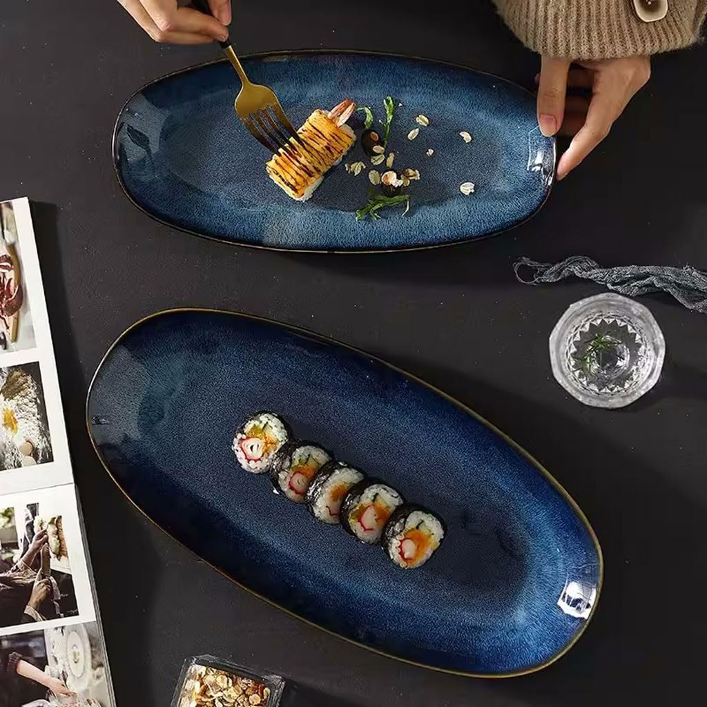 Bandeja de Cena Plato de pescado ovalado de cerámica, plato de sushi japonés, plato de pescado al vapor for el hogar, vajilla, plato de cena torneado en horno, plato de pescado grande creativo Plato d
