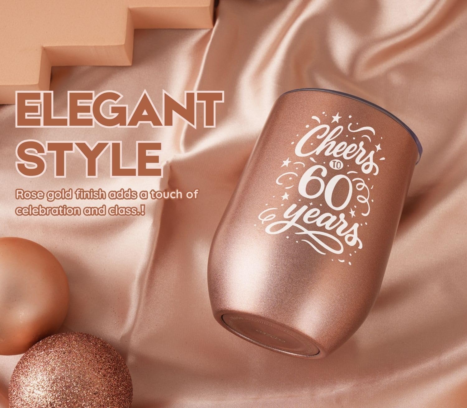 60th Birthday Gifts for Women, Her - Cheers to 60 Years - 12 oz/350 ml Stainless Steel Wine Tumbler with Straw and Lid - Women's Happy 60th Birthday Gifts Ideas - (Rose Gold) - Image 4
