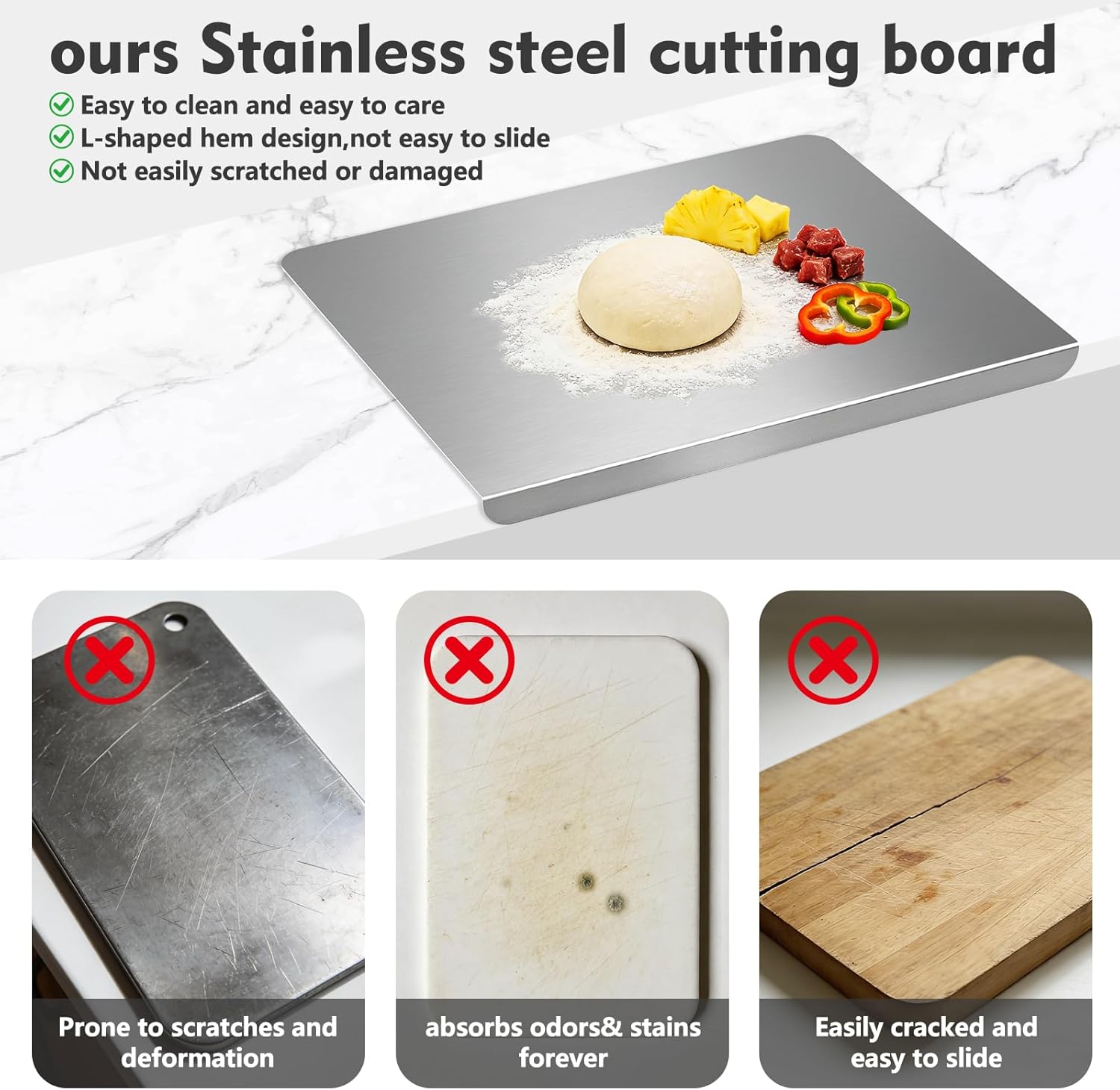 Stainless Steel Cutting Board, Stainless Steel Cutting Board with Lip – Metal Cutting Board for Meat, Vegetables, Fruits, and Bread Dough, Double-Sided Textured Surface, Easy-Clean Dishwasher Safe