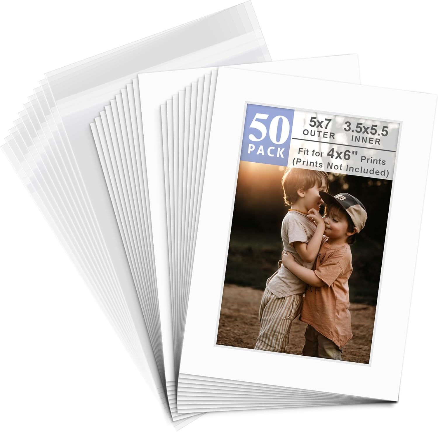 Golden State Art, Pack of 50 White Pre-Cut 5x7 Picture Mat for 4x6 Photo with White Core Bevel Cut Mattes Sets. Includes 50 High Premier Acid Free Bevel Cut Matts & 50 Backing Board & 50 Clear Bags