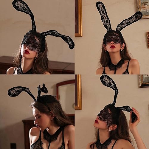 Miniatura 7 de EVILD Diadema negra con orejas de conejo de encaje, decoración de fiesta, banda para el cabello