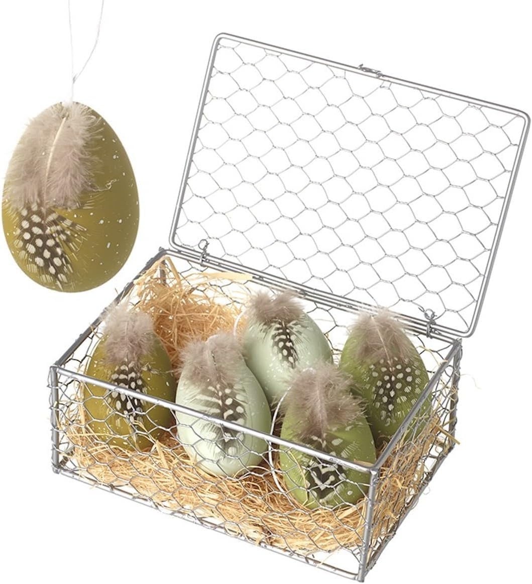 Heaven Sends Green Eggs with Feathers in Metal Crate Easter Decorations