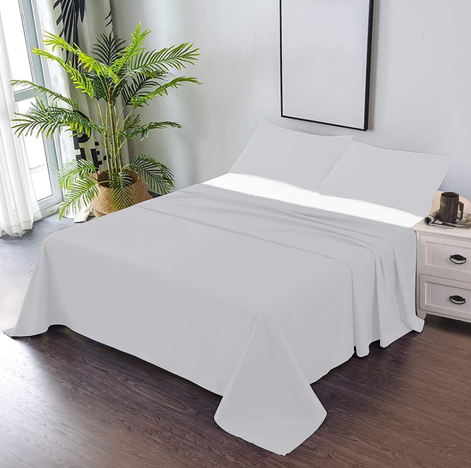 TREND BEDDING MART 3 PC Striped Bedsheet - 1 Flat/Top Sheet with 2 Pillowcases Smooth Touch Hotel Quality 100% Egyptian Cotton 800 Thread Count Perfectly Fit for Short Queen Bed White Stripe